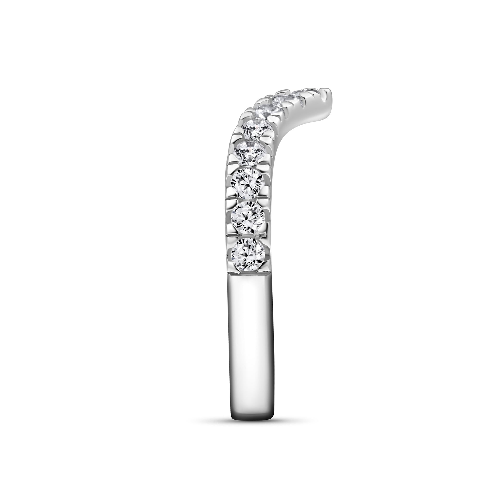 side view of affordable silver 2.5mm width chevron half eternity band on white background