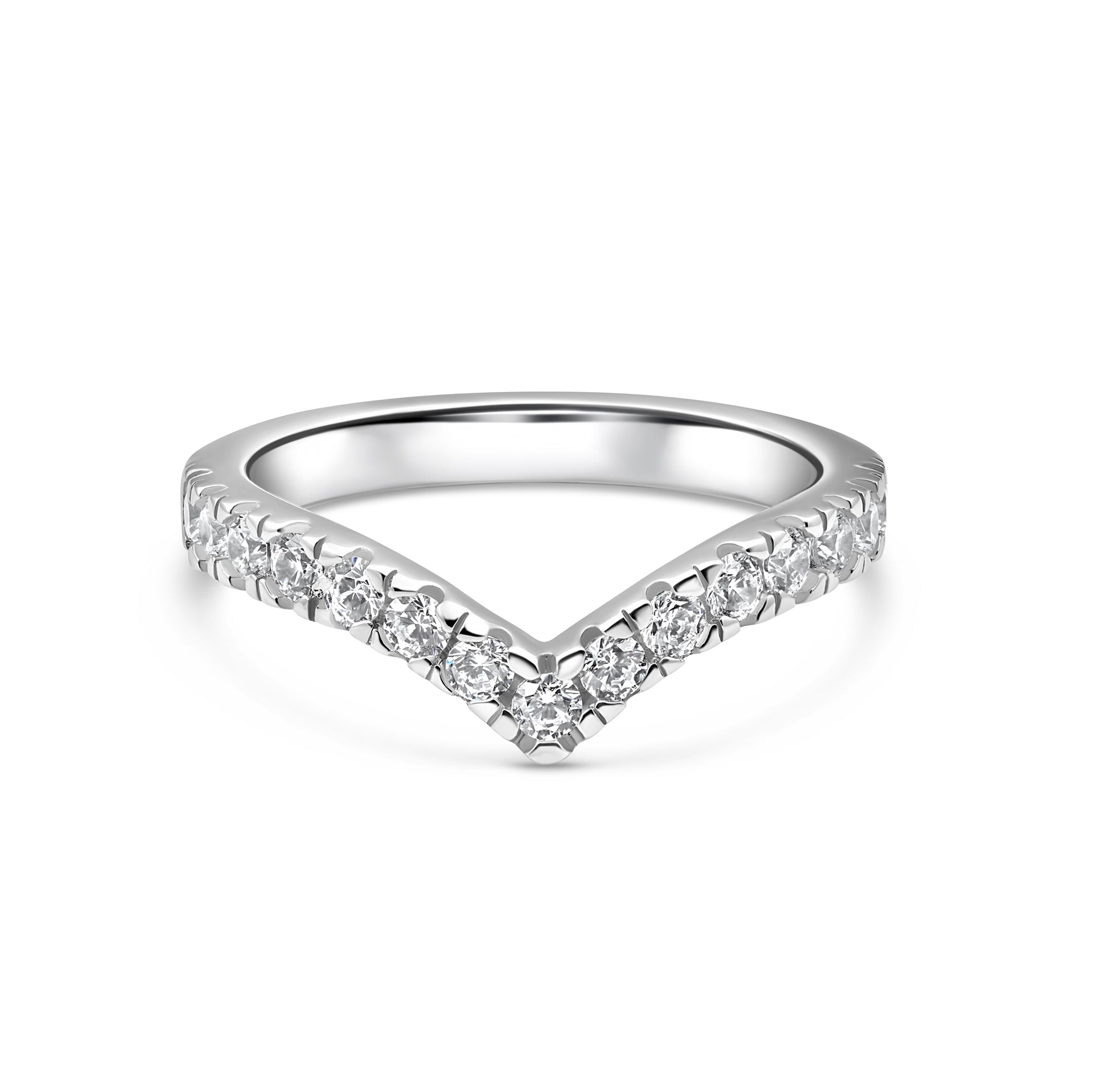 stunning silver 2.5mm width chevron half eternity band on white background