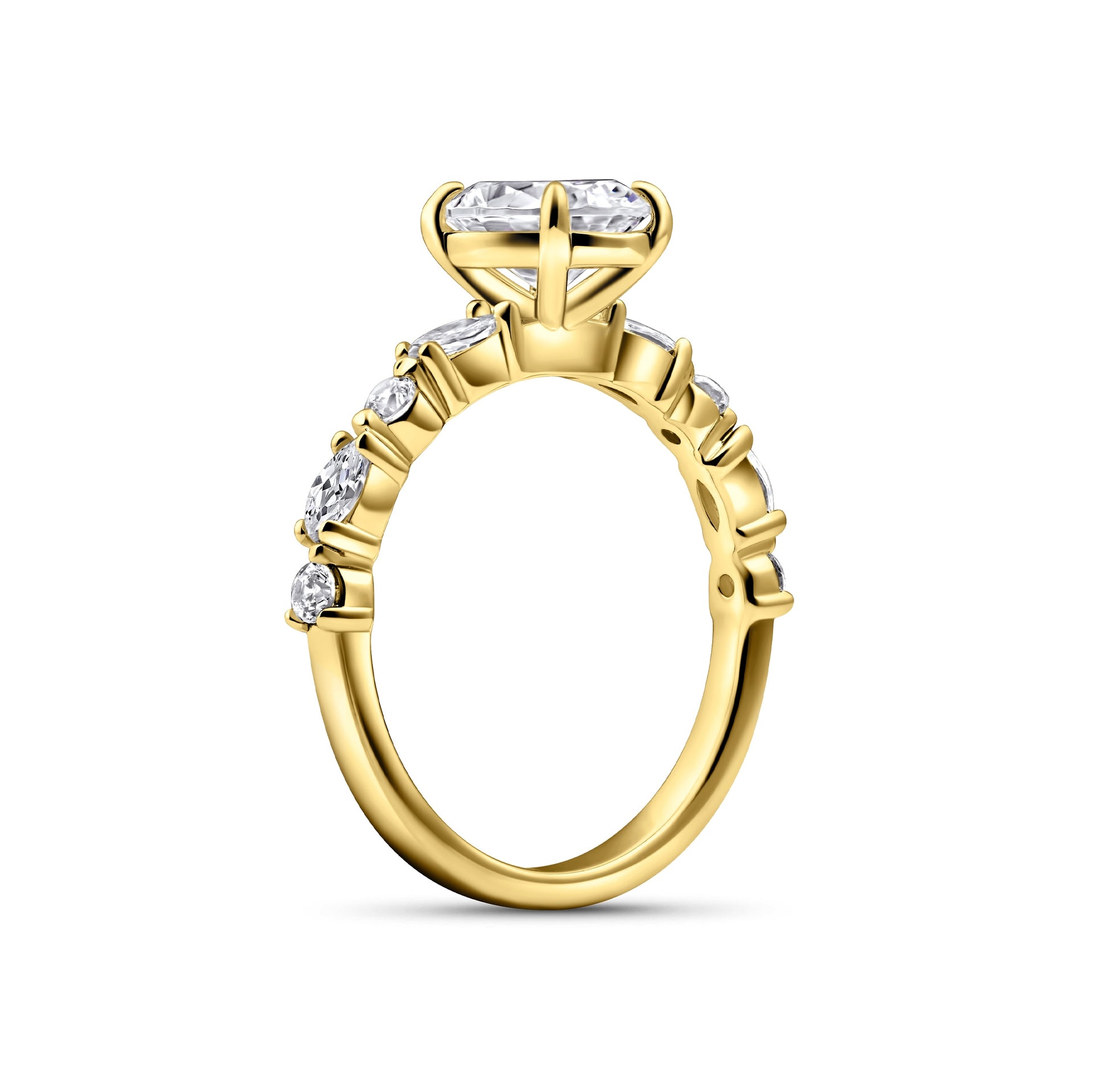 stunning partial open side view of silver oval engagement ring with uniquely designed half eternity band shown in gold