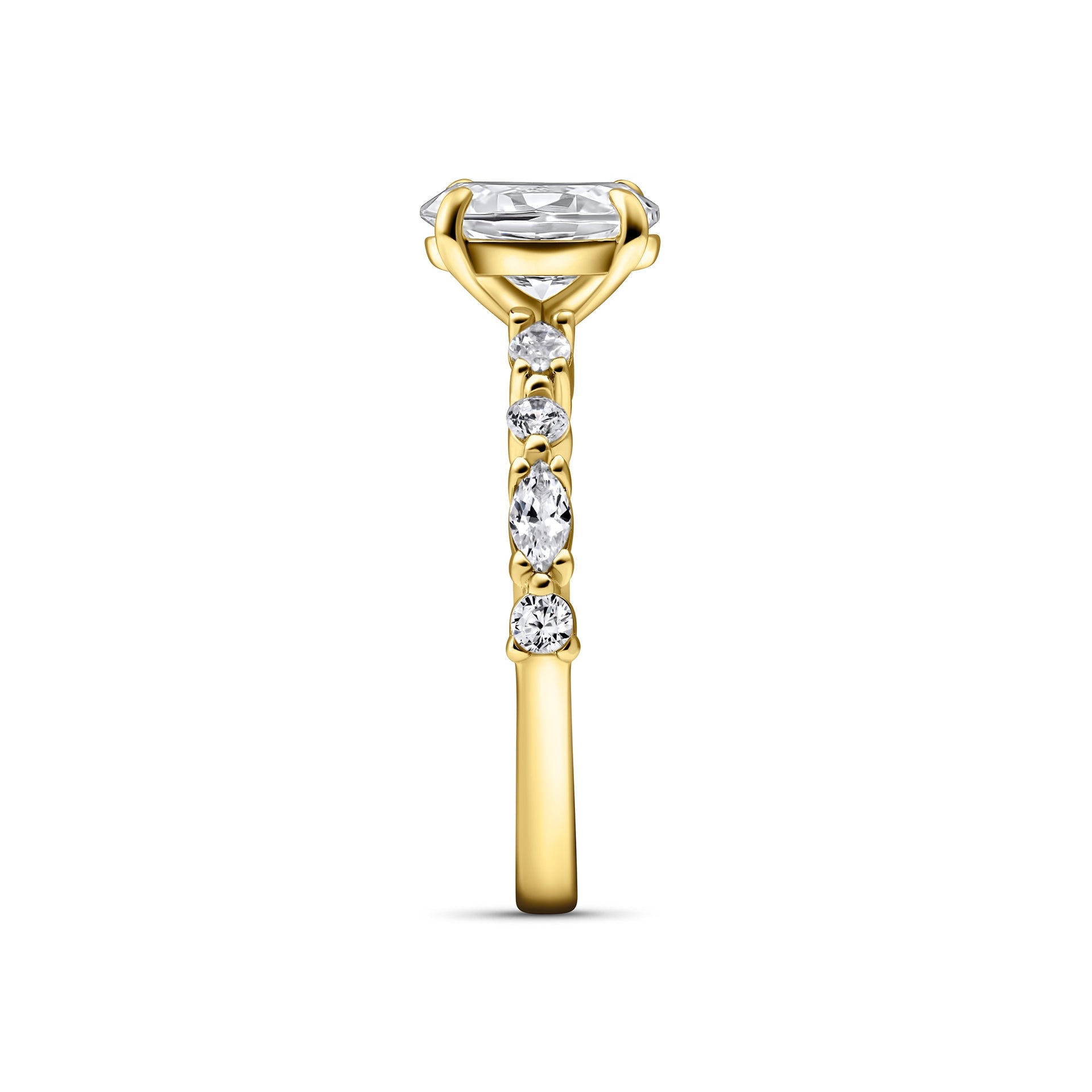 stunning side view of gold oval engagement ring with uniquely designed half eternity band