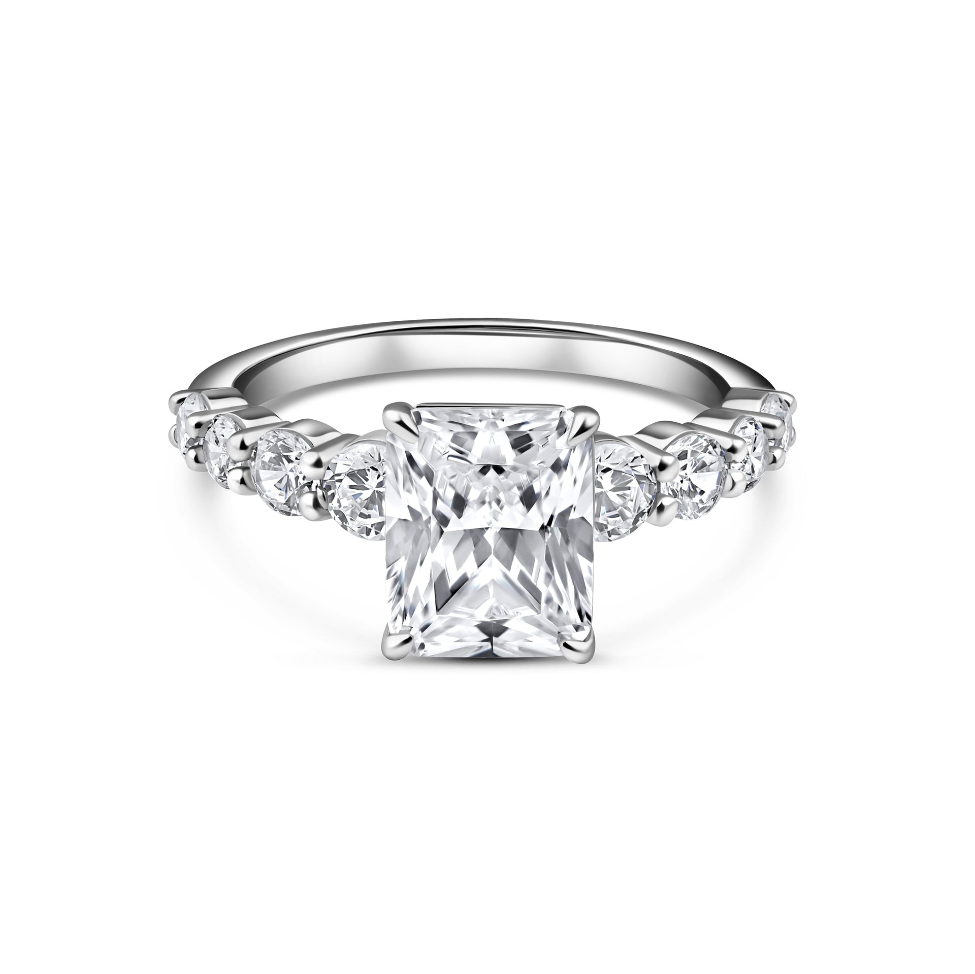 silver bold radiant cut engagement ring on white background