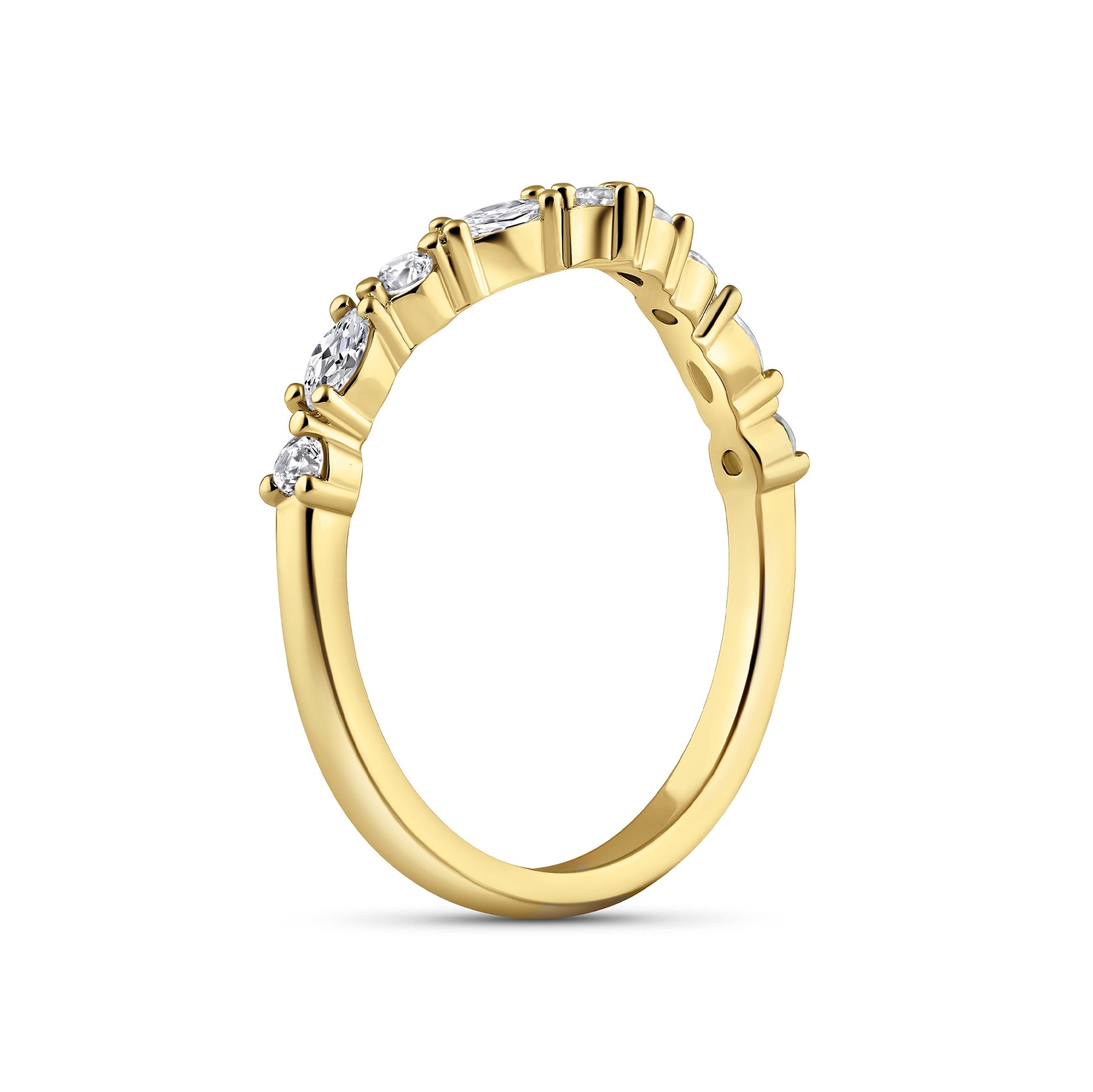 side view of gold vintage chevron wedding band on white background