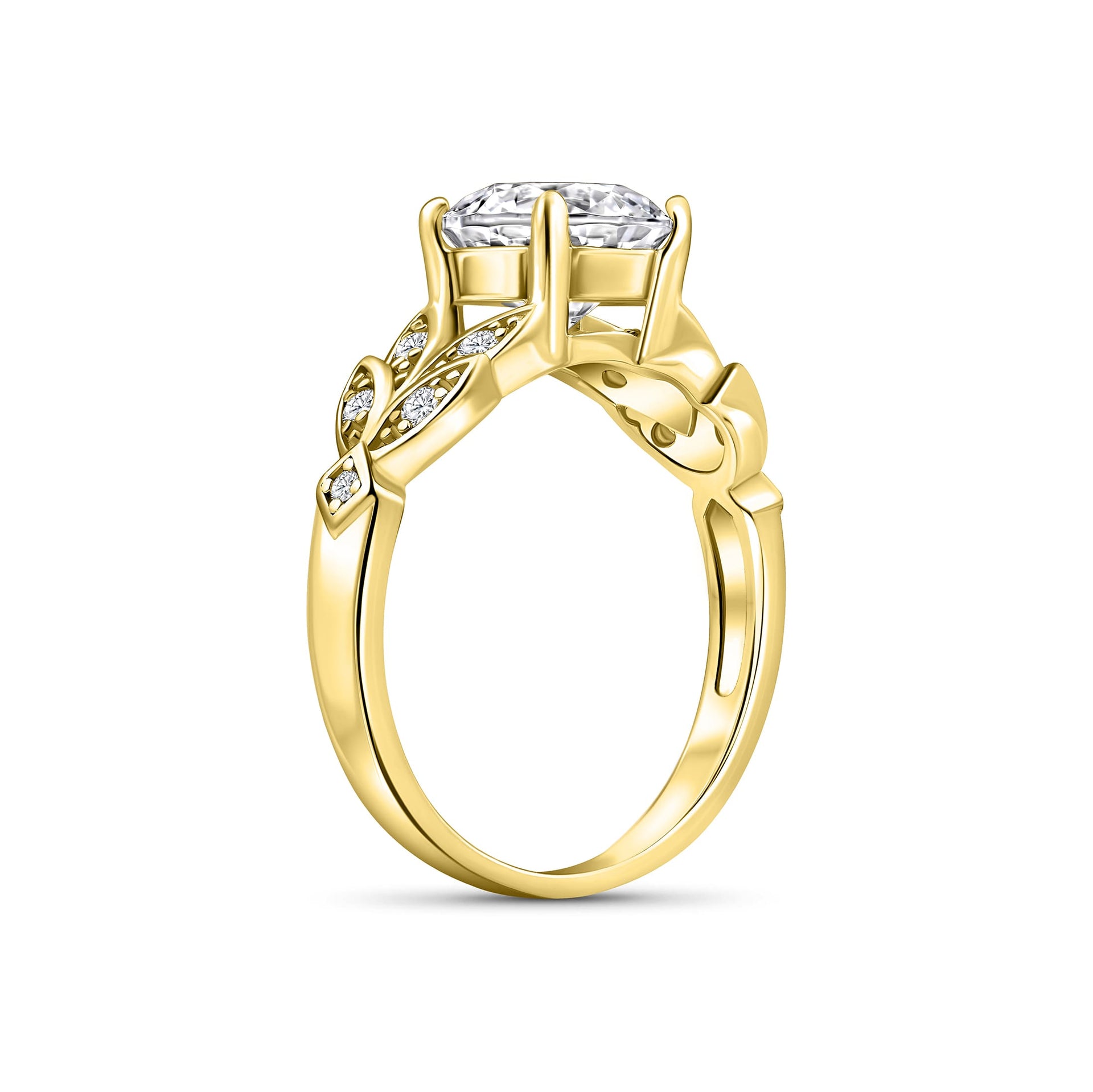 unique gold 2 carat round cut engagement ring on white background