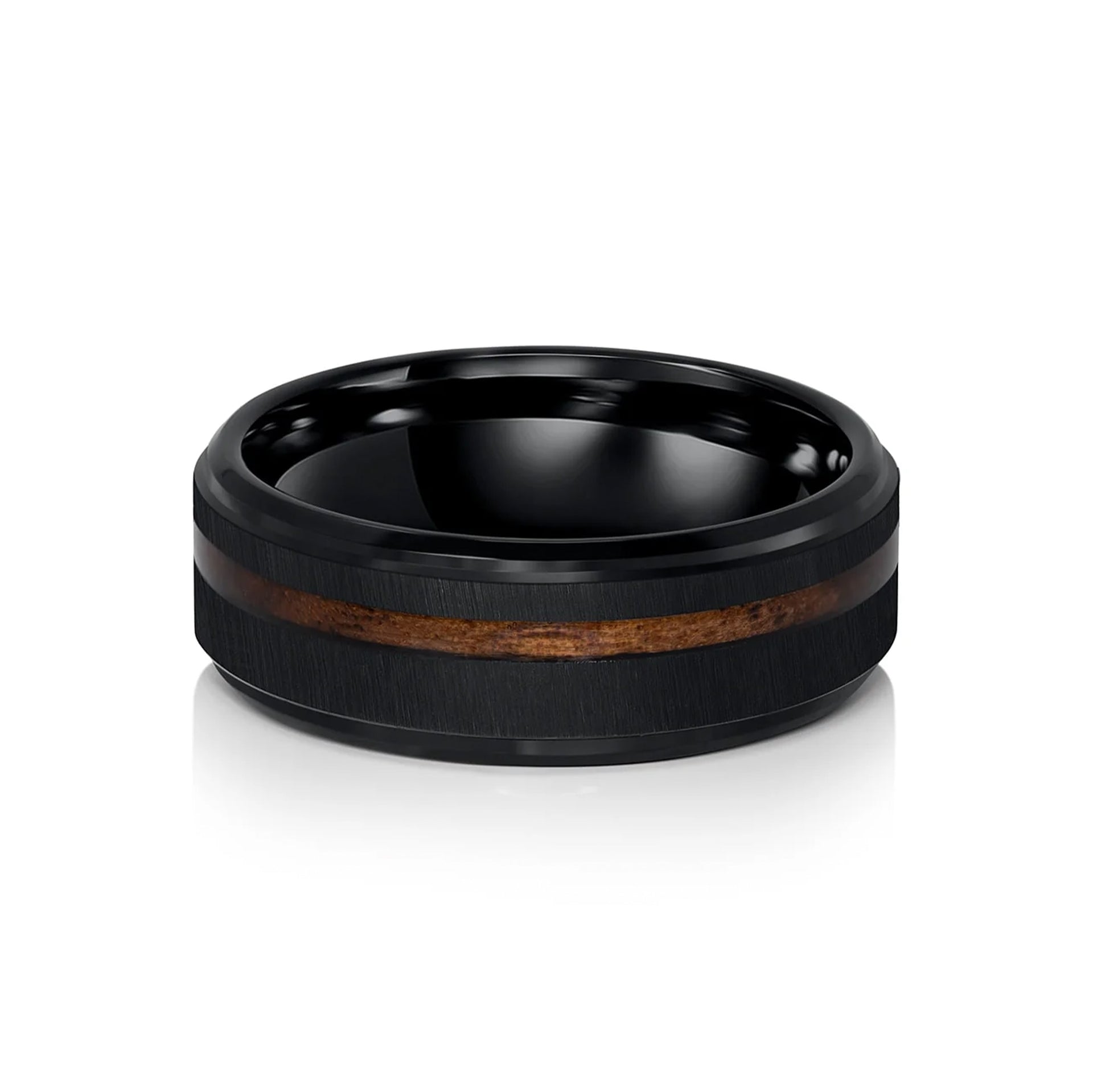 stunning black mens wedding ring with wood inlay shown on white background