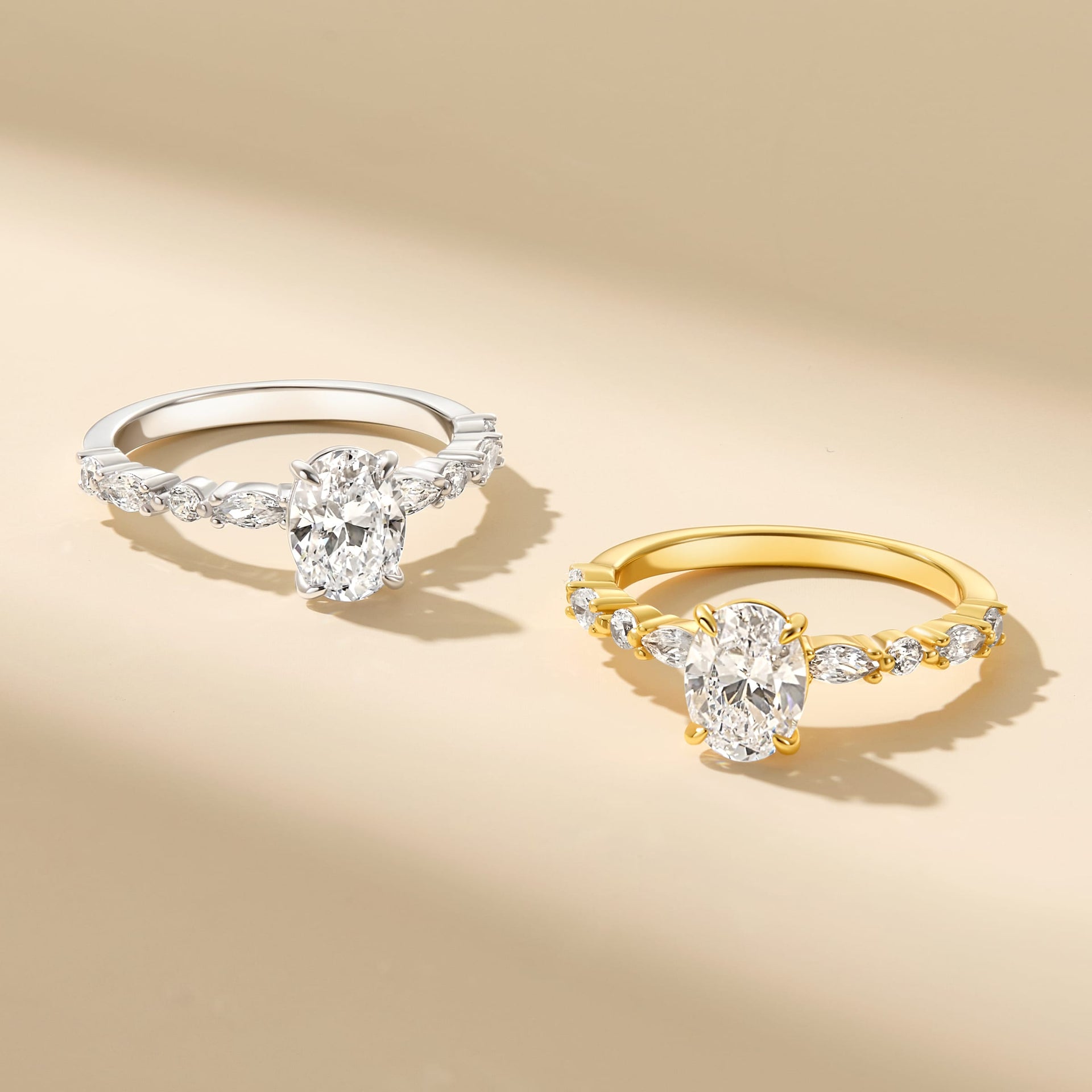 stunning and vintage oval cut engagement rings shown in silver and gold on neutral colored background