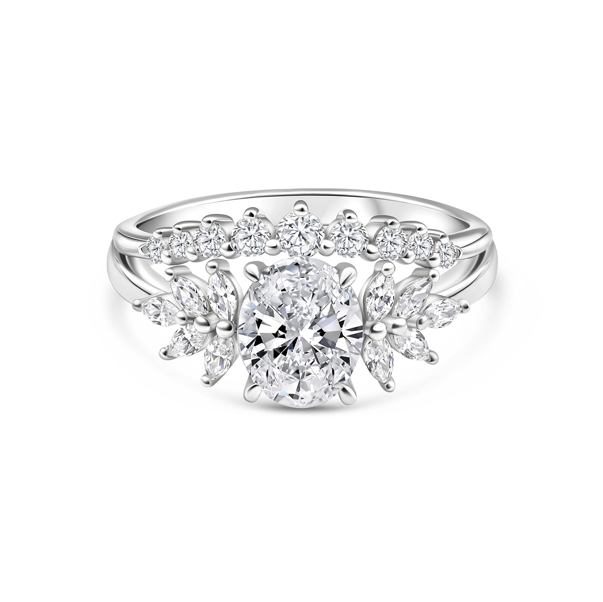 silver round cut vintage style engagement ring on white background
