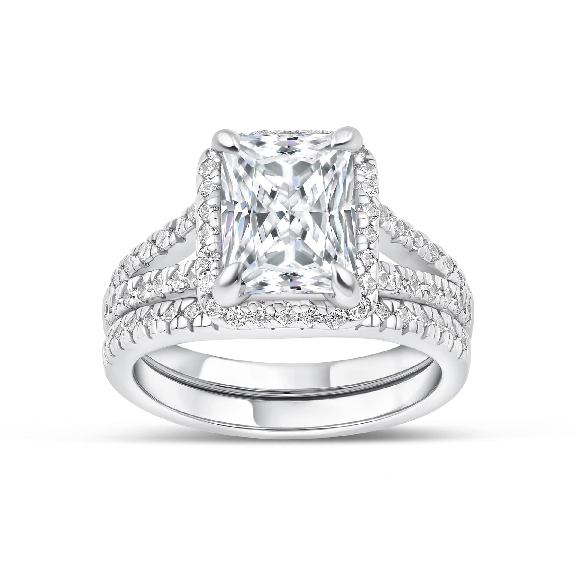 stunning silver wedding ring set on white background