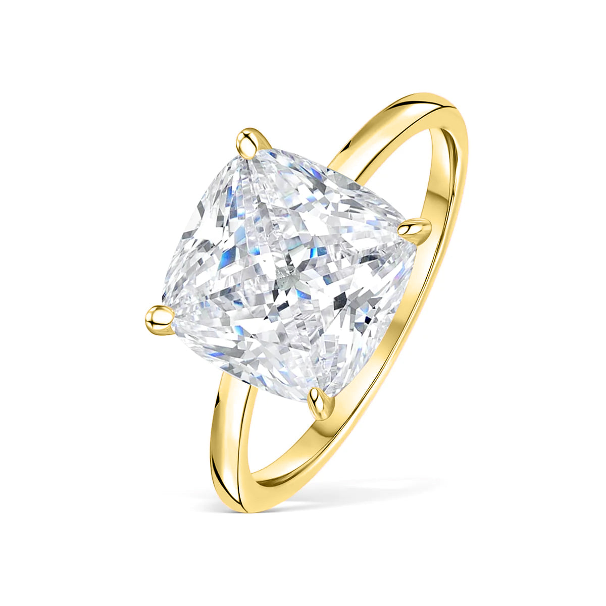 Close-up of The Claire yellow gold engagement ring with 3.5 carat cushion-cut simulated diamond solitaire on white background