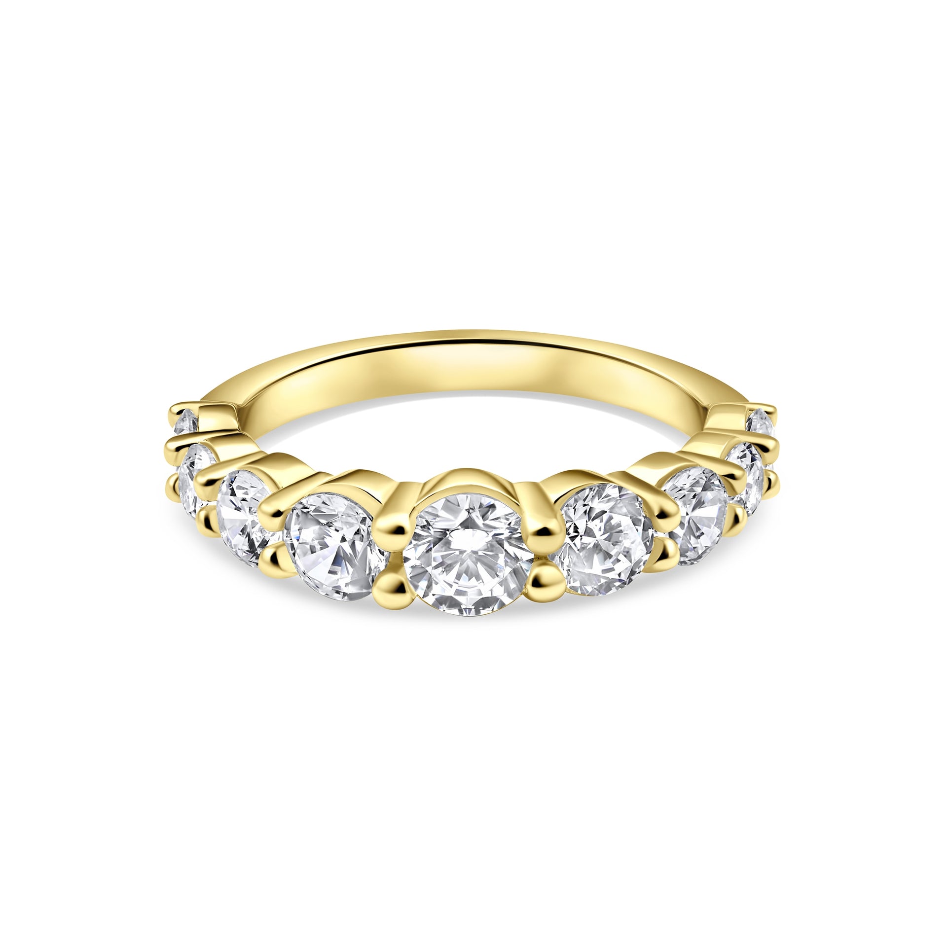 gold unique half eternity wedding band on a white background