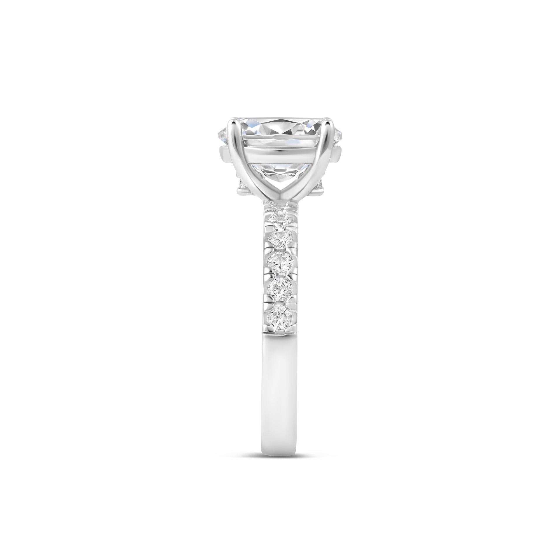 close up view of silver engagement ring with stunning half eternity band detailing
