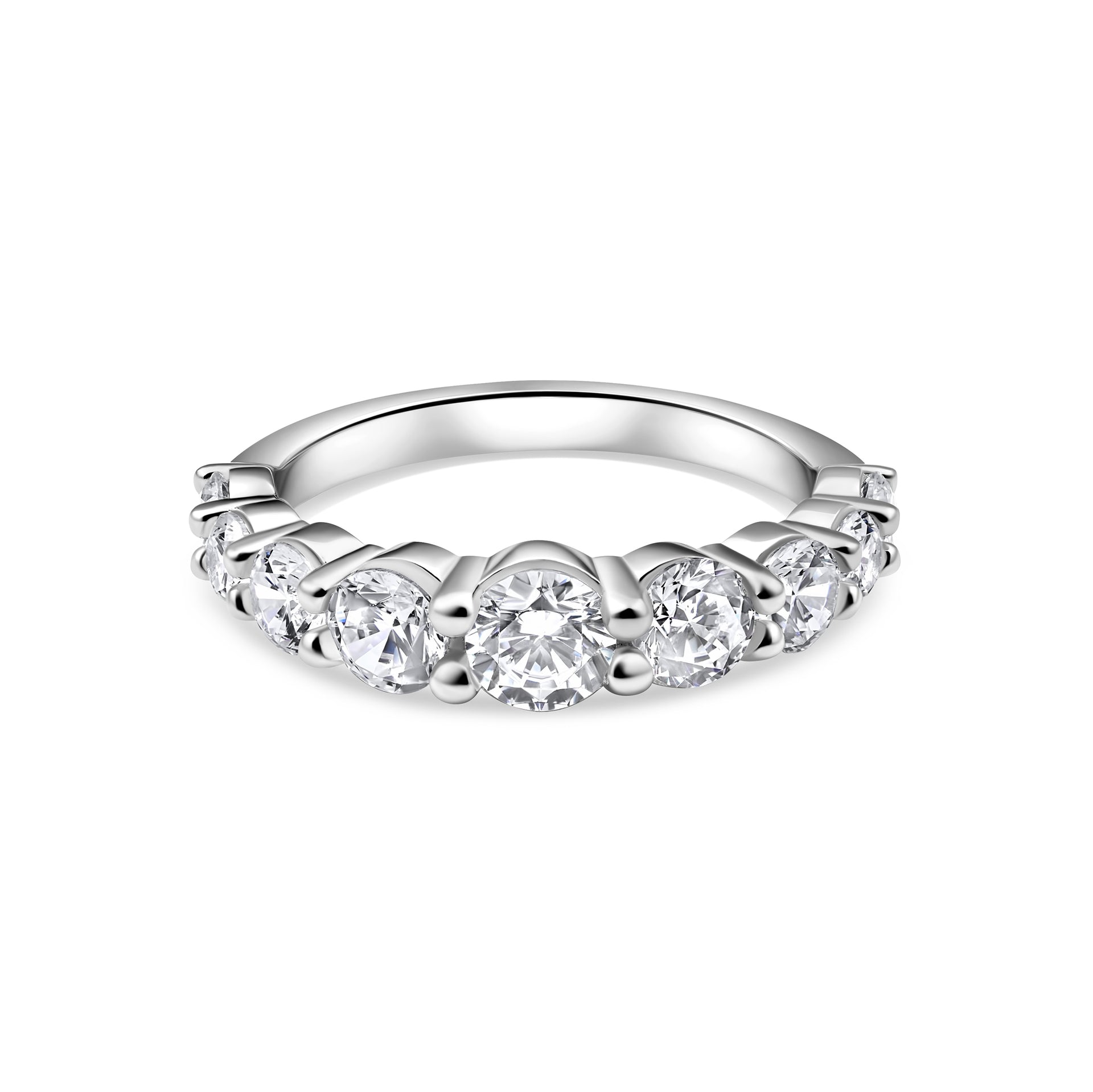 unique silver half eternity wedding band on white background