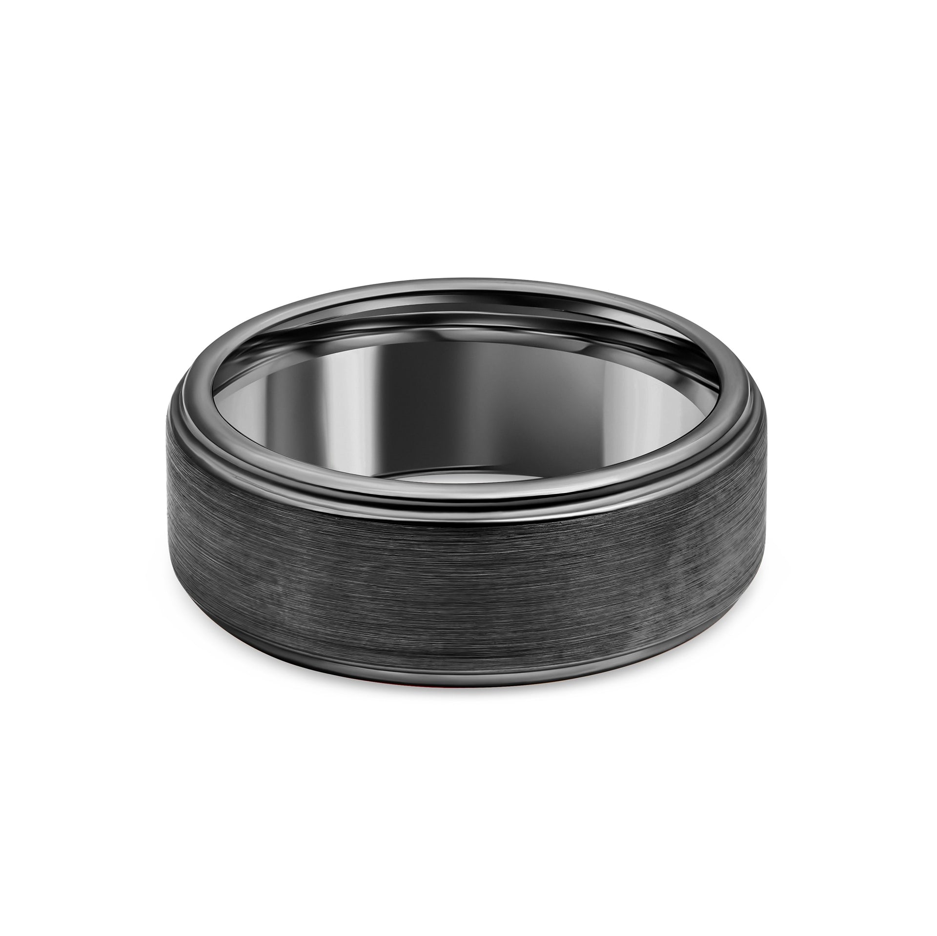 Men's black wedding band on white background