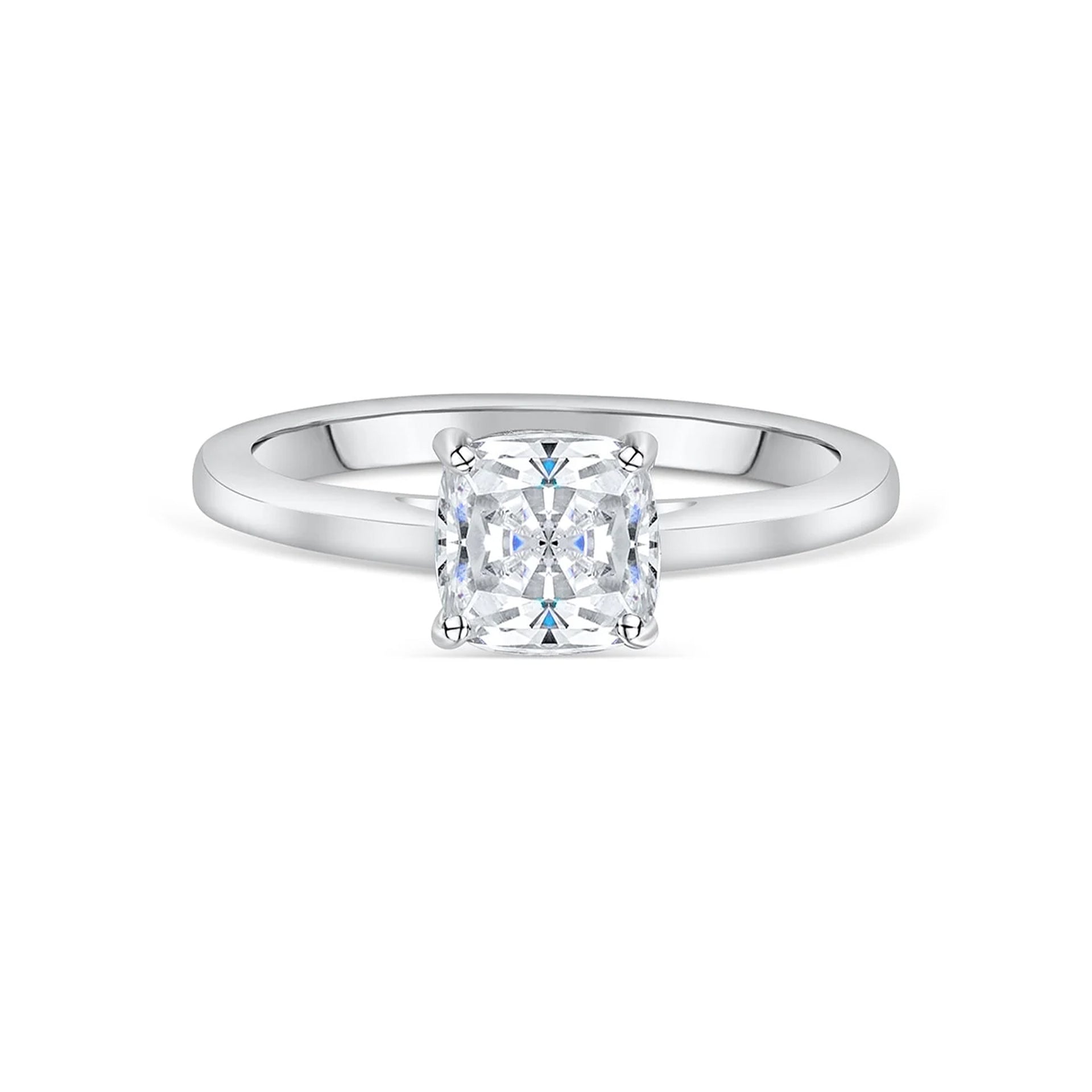 stunning cushion cut silver engagement ring on white background