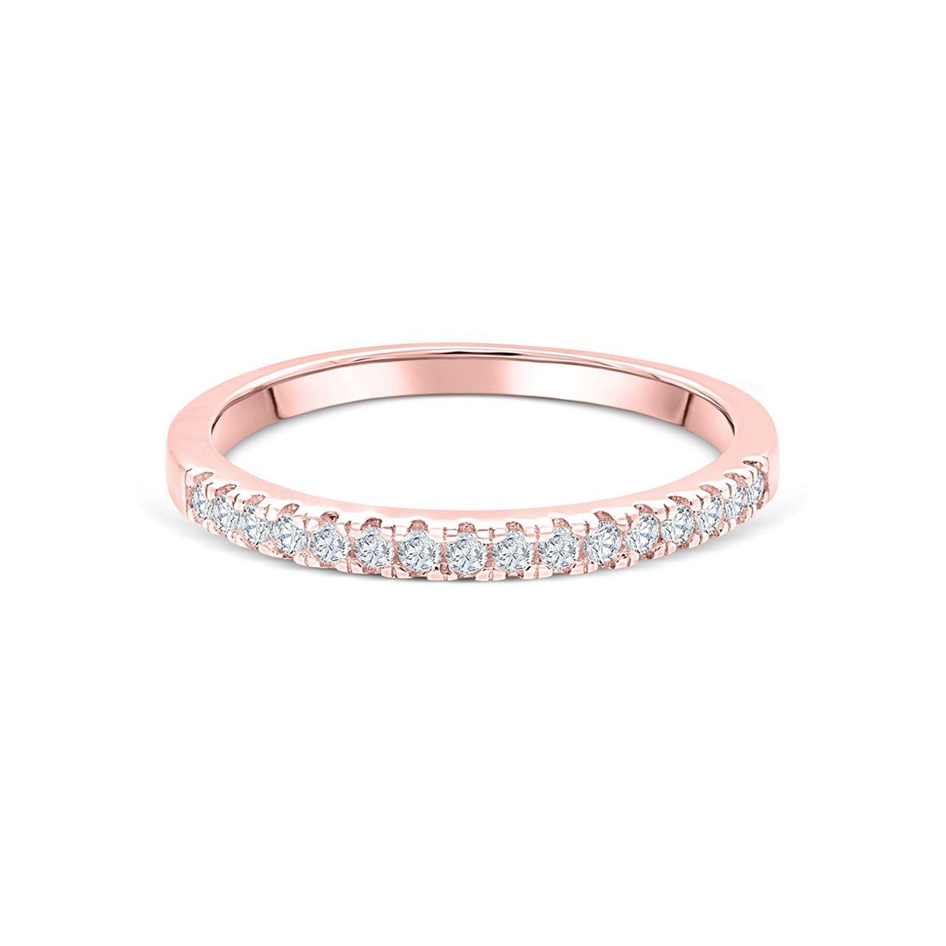 stunning half eternity rose gold wedding band on white backdrop