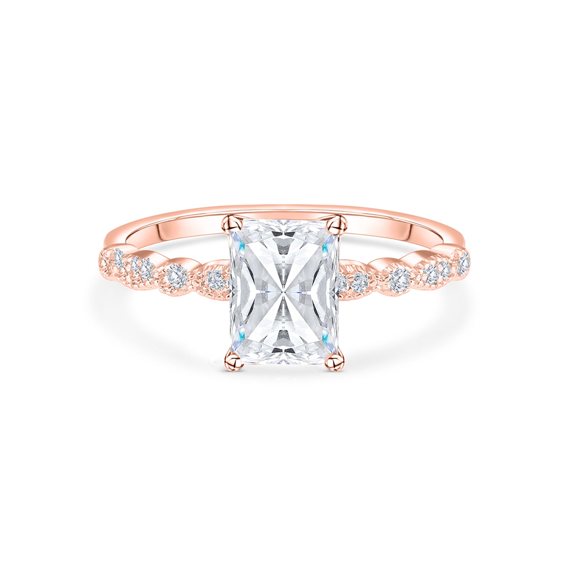 stunning rose gold radiant cut engagement ring with pave band on white background