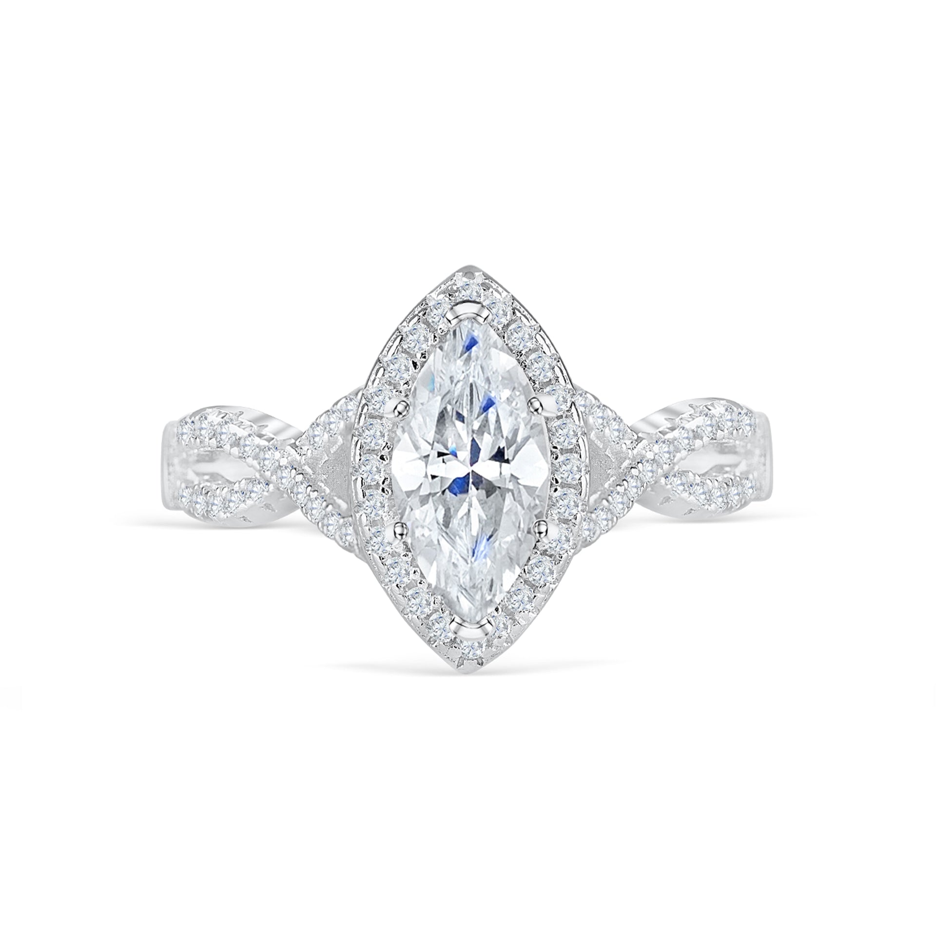 a vintage marquise silver engagement ring shown on a white background