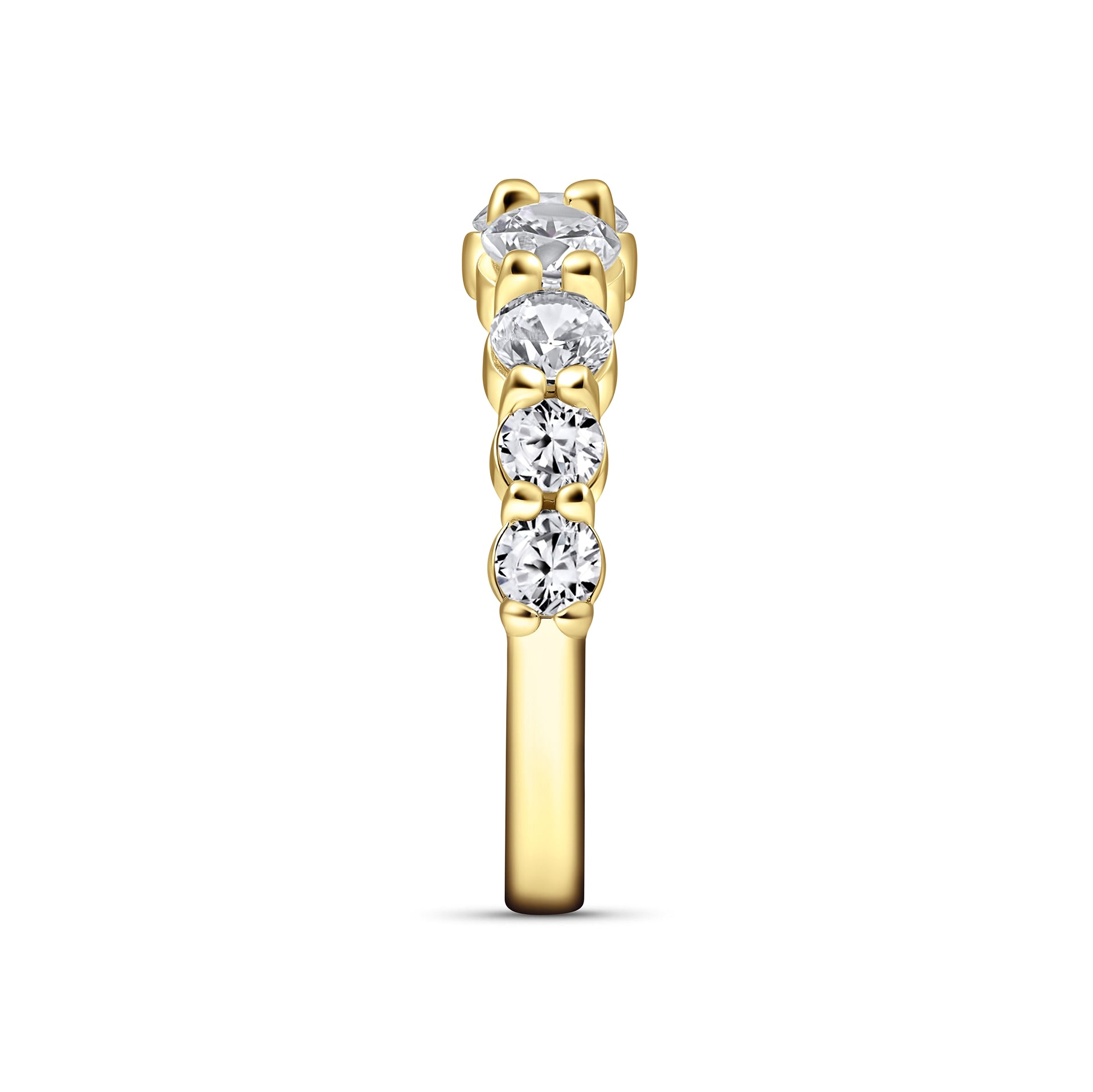 side view of a gold unique half eternity wedding band on a white background