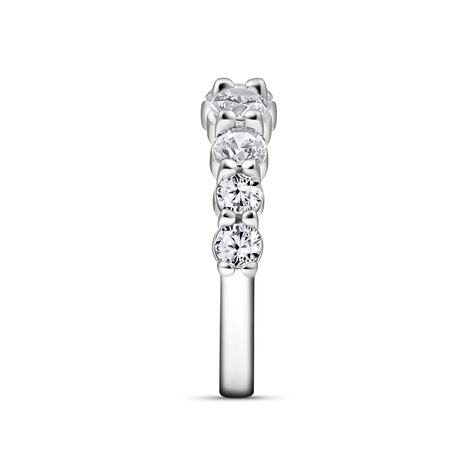 full side view of a silver unique half eternity wedding band on a white background