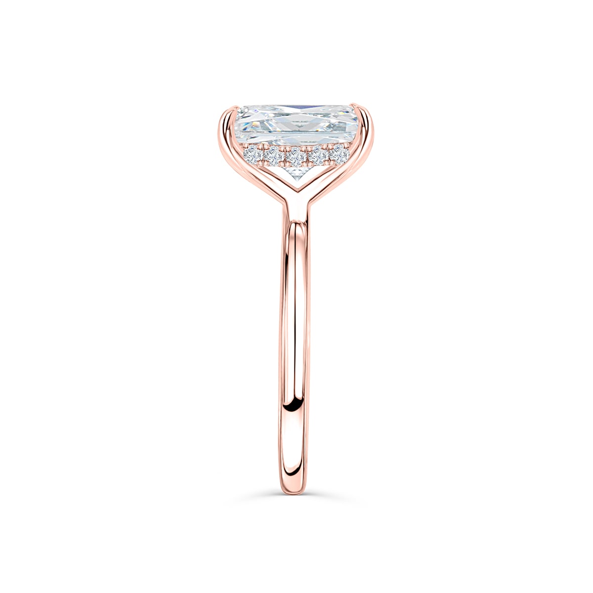 Rose gold hidden halo radiant cut engagement ring