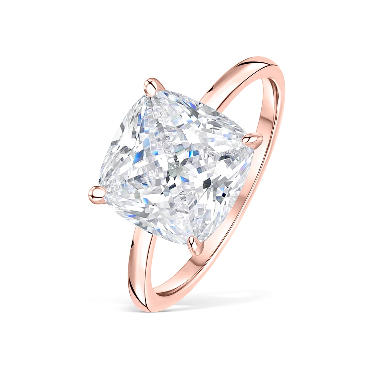 Close-up of The Claire rose gold solitaire engagement ring with 3.5 carat cushion-cut simulated diamond displayed on white background