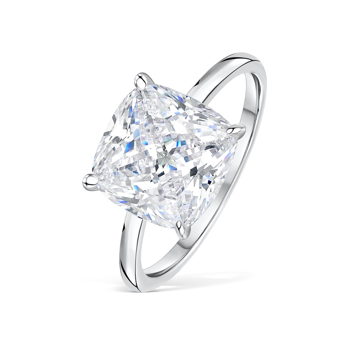 Close-up of The Claire silver engagement ring with cushion-cut 3.5 carat simulated diamond solitaire on white background