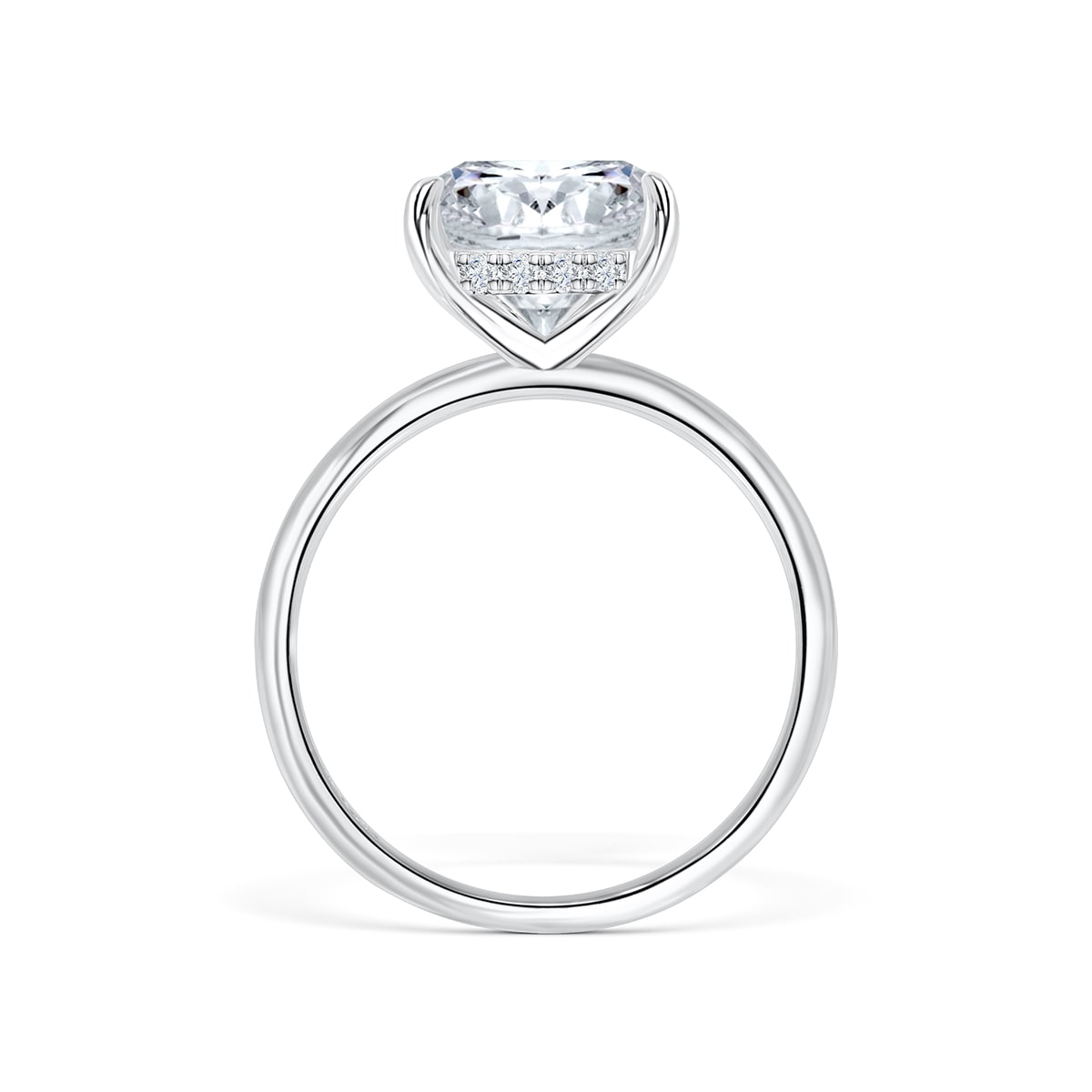 Close-up side view of The Claire silver engagement ring with cushion-cut 3.5 carat simulated diamond solitaire on white background