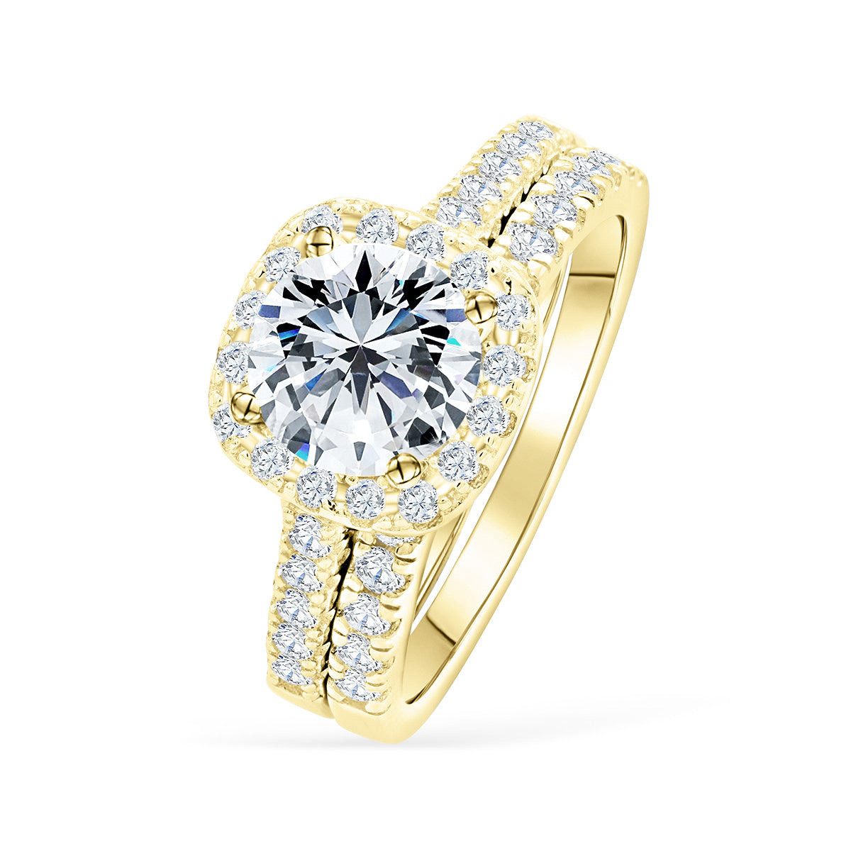 Angled view of The Evermore yellow gold wedding ring set with 1.5 carat round-cut simulated diamond in cushion halo and half eternity band on white background