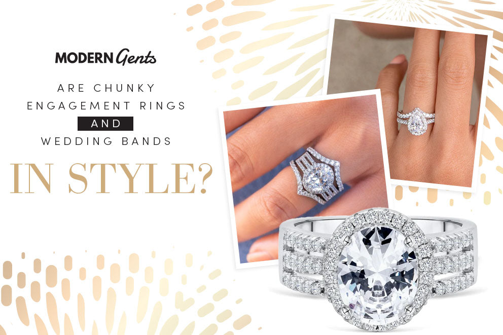 Chunky engagement ring and wedding band featured in a style guide graphic.