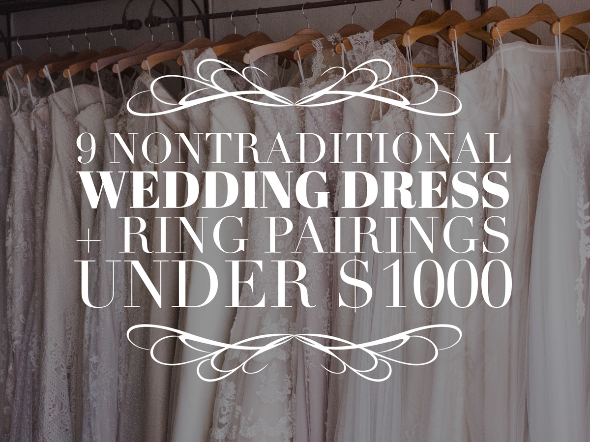 Wedding dress and engagement ring pairing ideas featured in an article graphic.