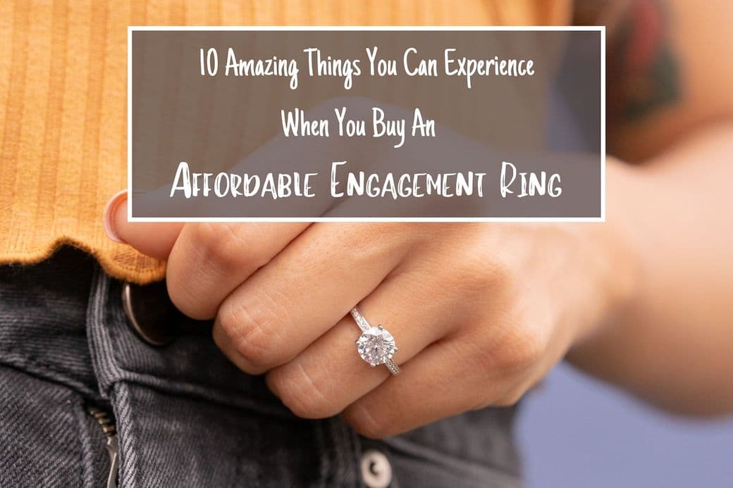 Round pavé engagement ring featured in a graphic about the benefits of affordable rings.