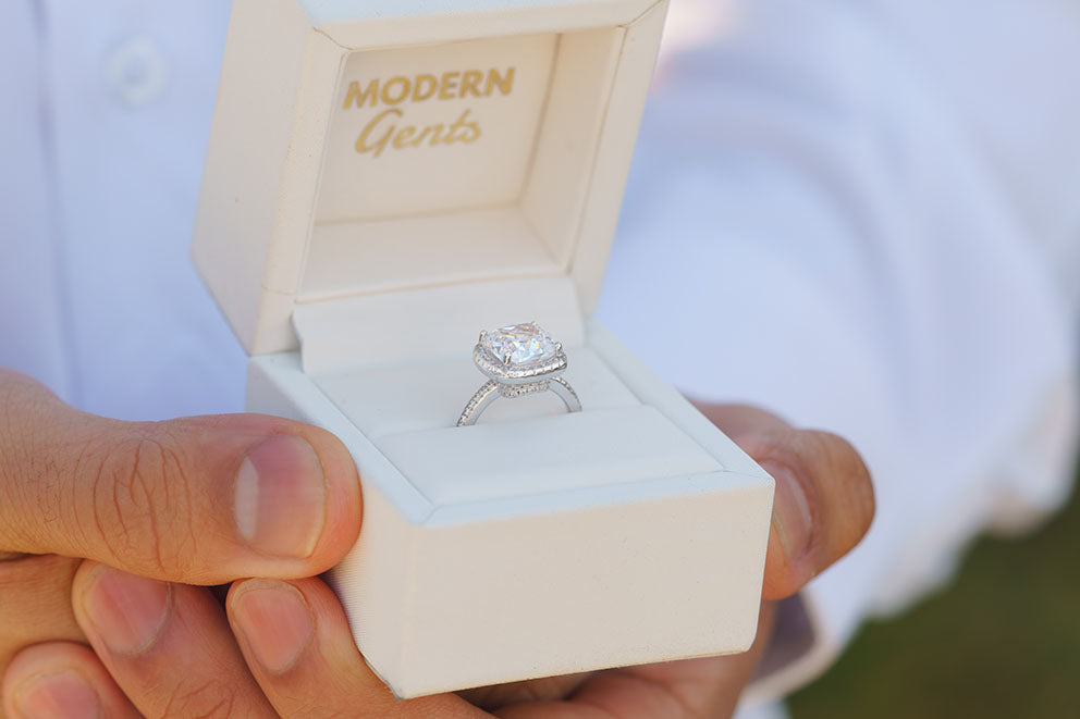 silver diamond wedding ring in box