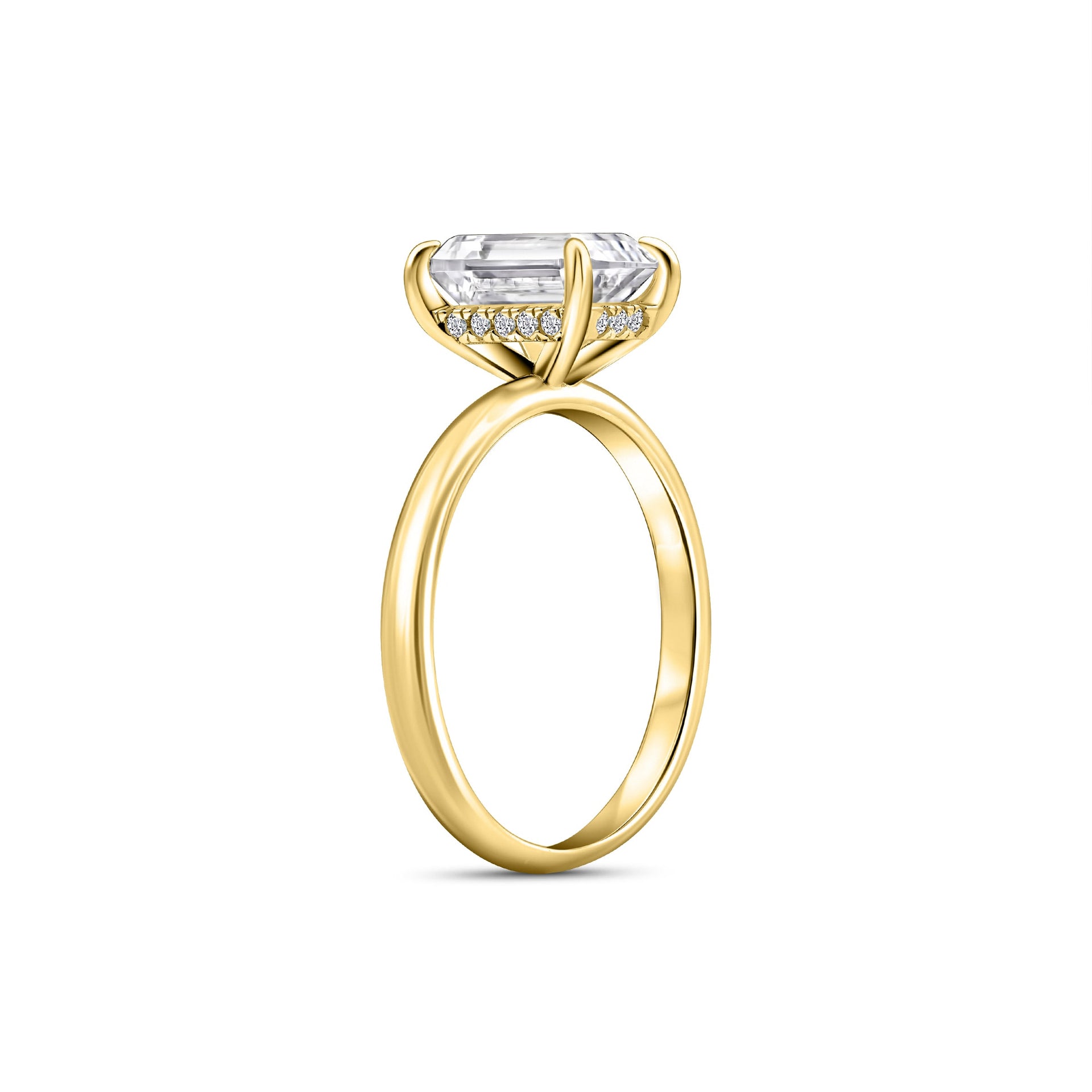 Gold 1.5 carat emerald cut solitaire engagement ring with hidden halo