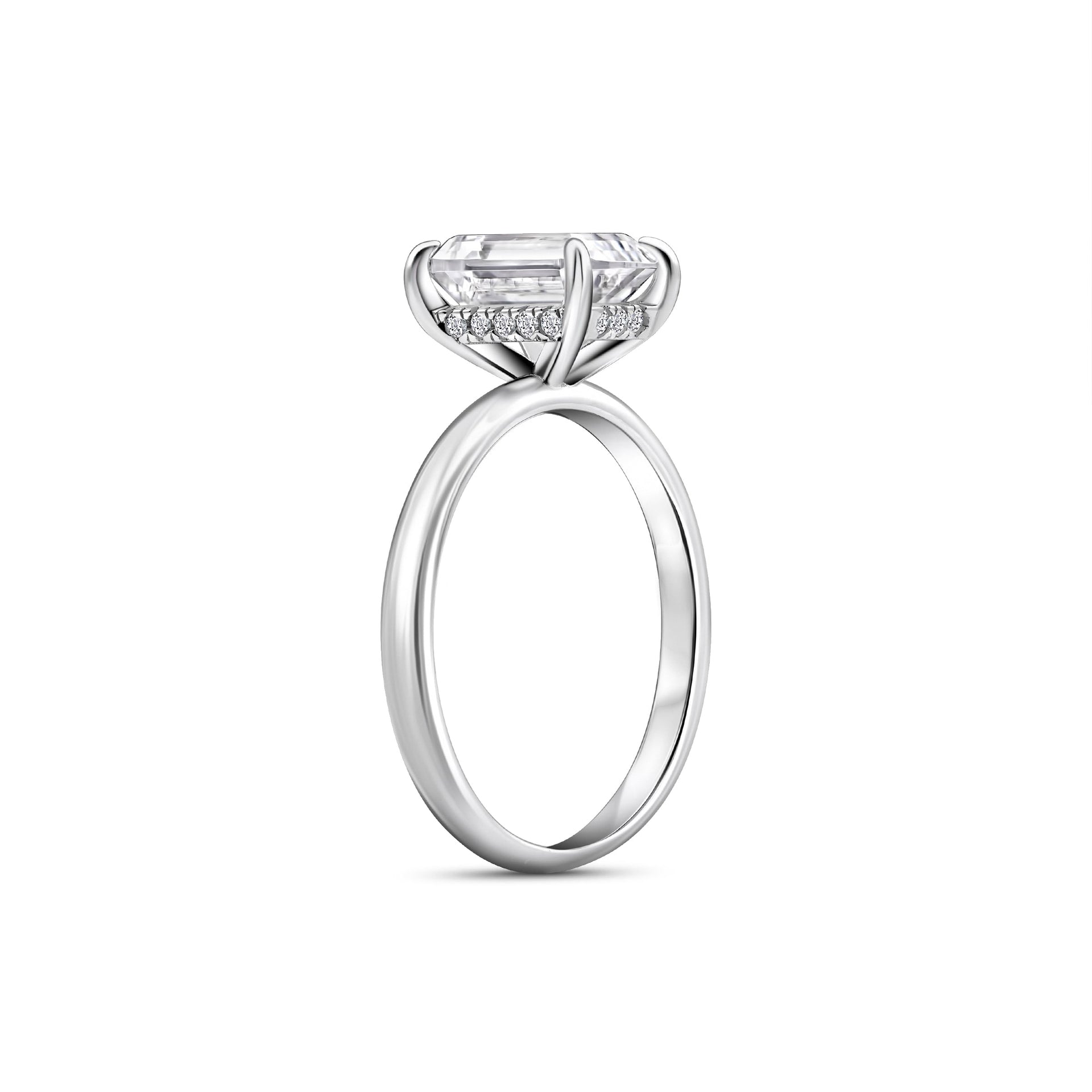 silver 1.5 carat emerald cut solitaire engagement ring with hidden halo