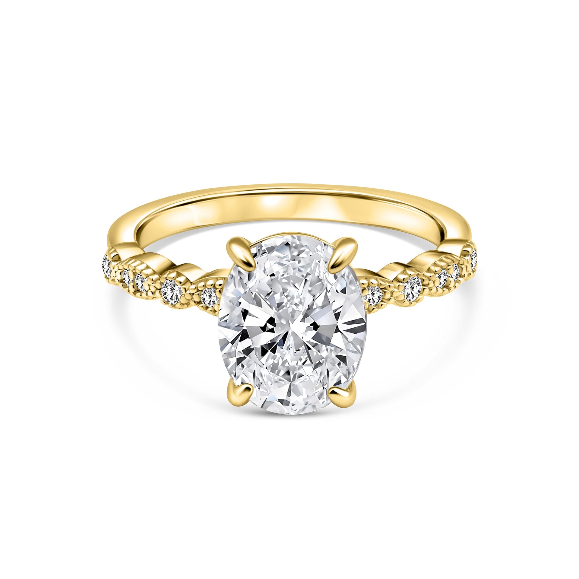 gold oval cut engagement ring on white background