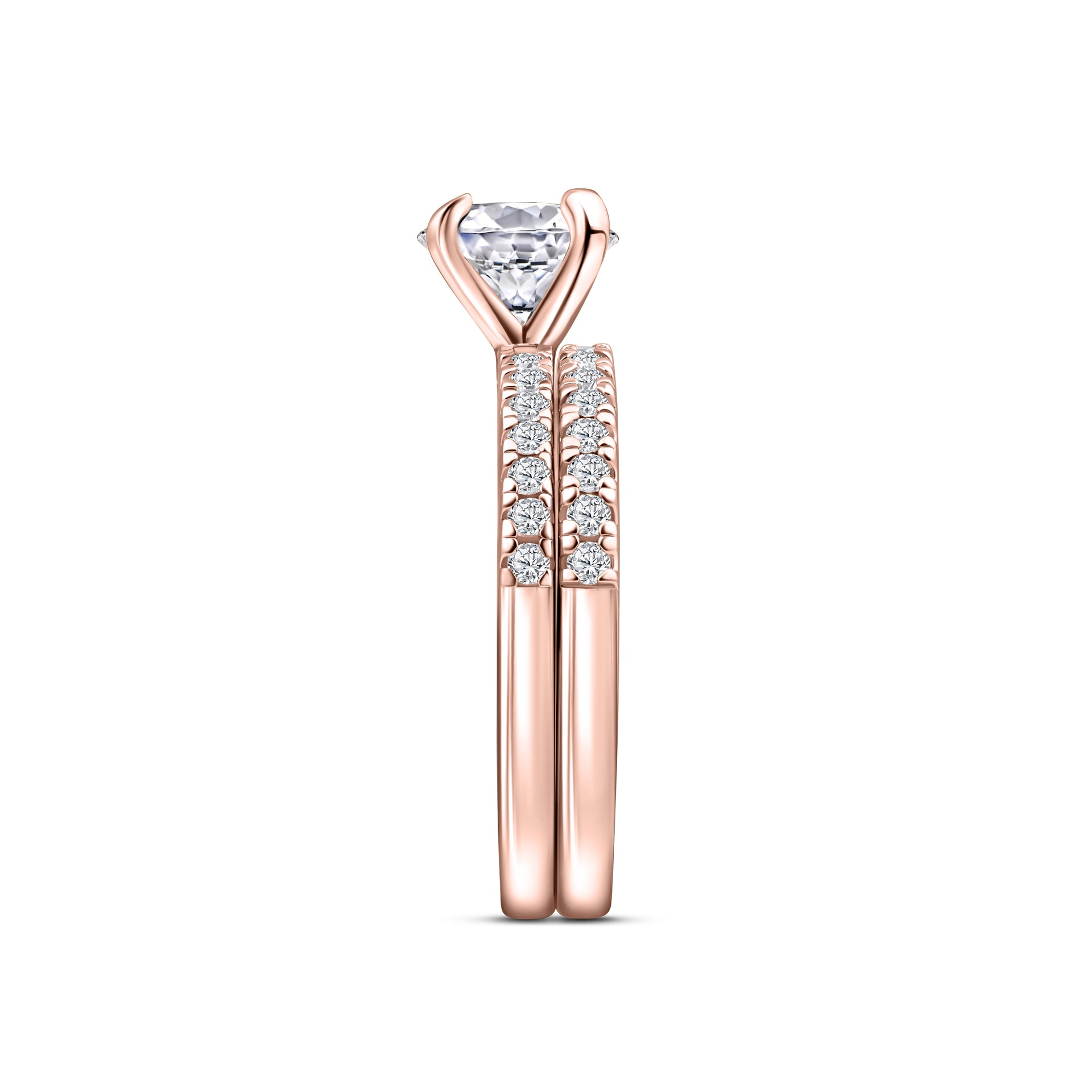 side angle of rose gold wedding ring set on white background