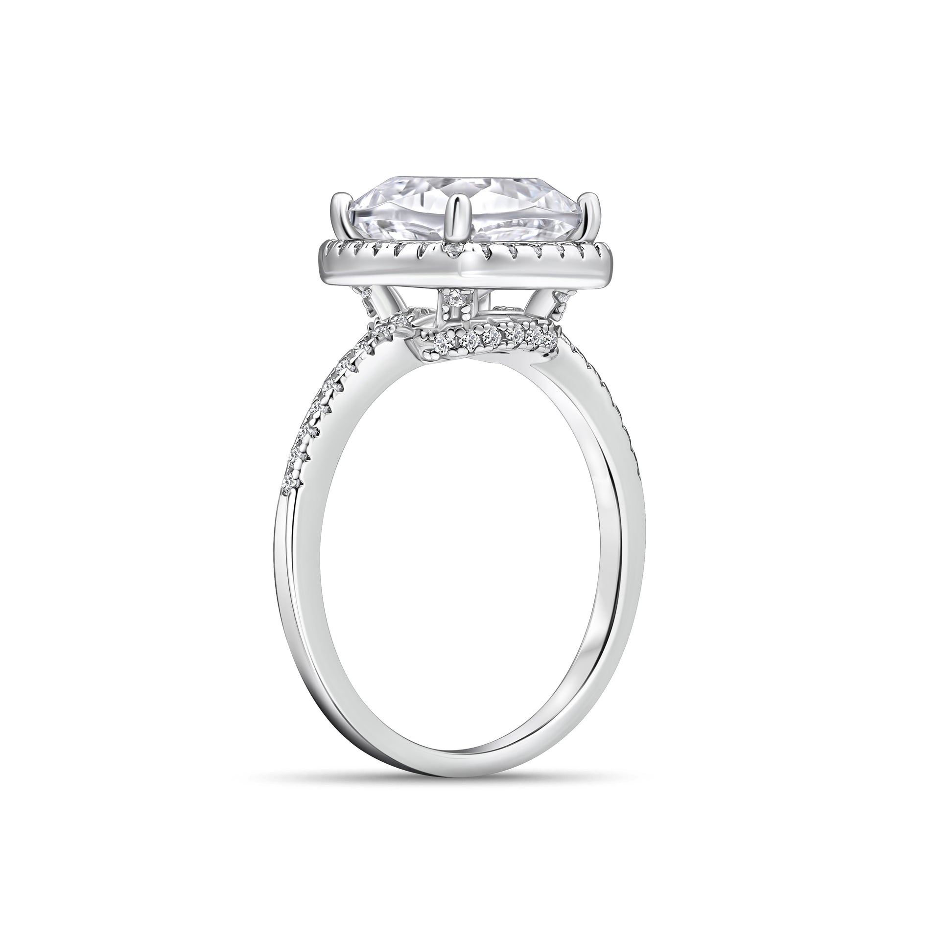 side angle of engagement ring on white background