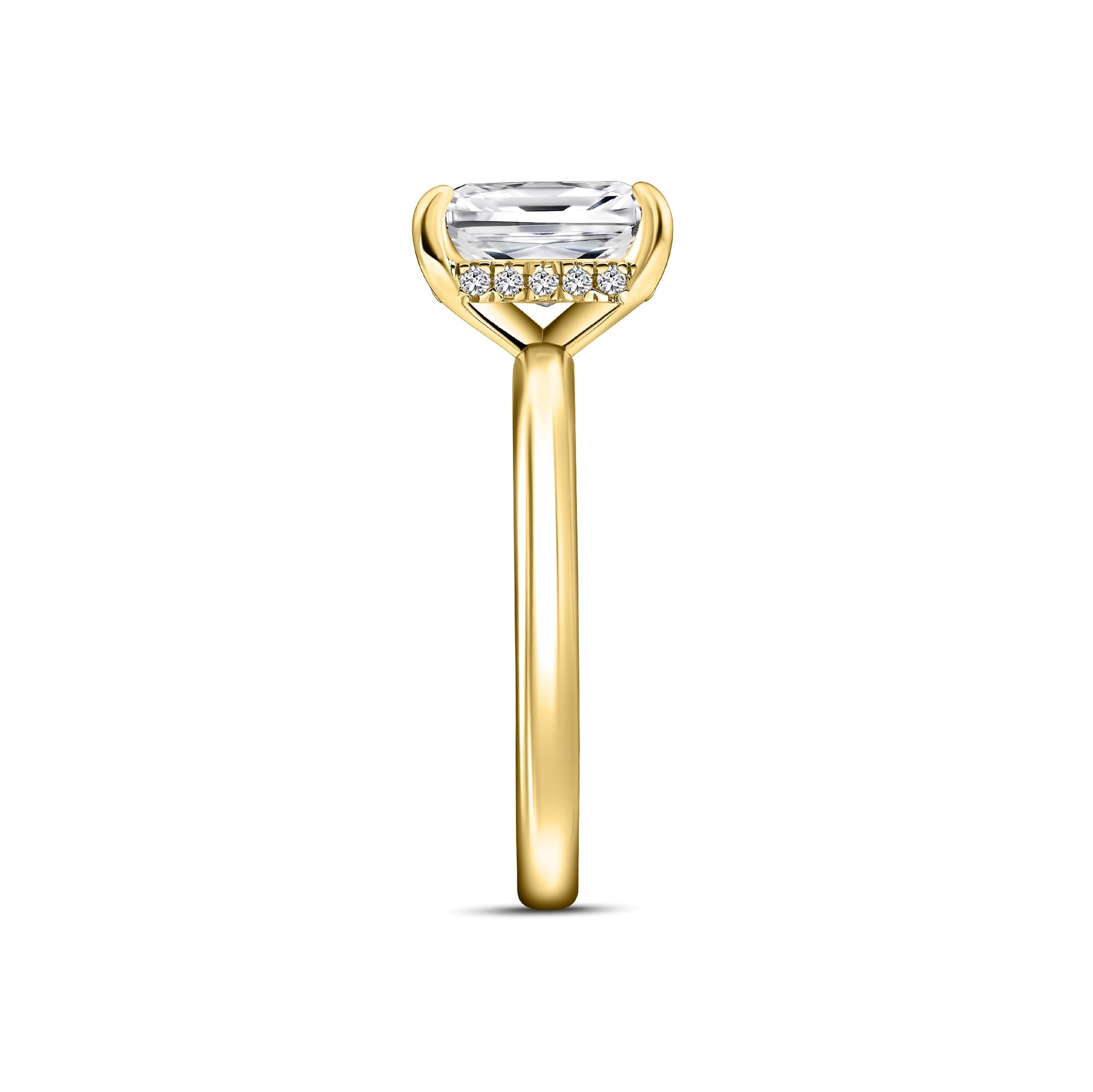 side view of gold 1.5 carat radiant cut solitaire engagement ring with hidden halo detail