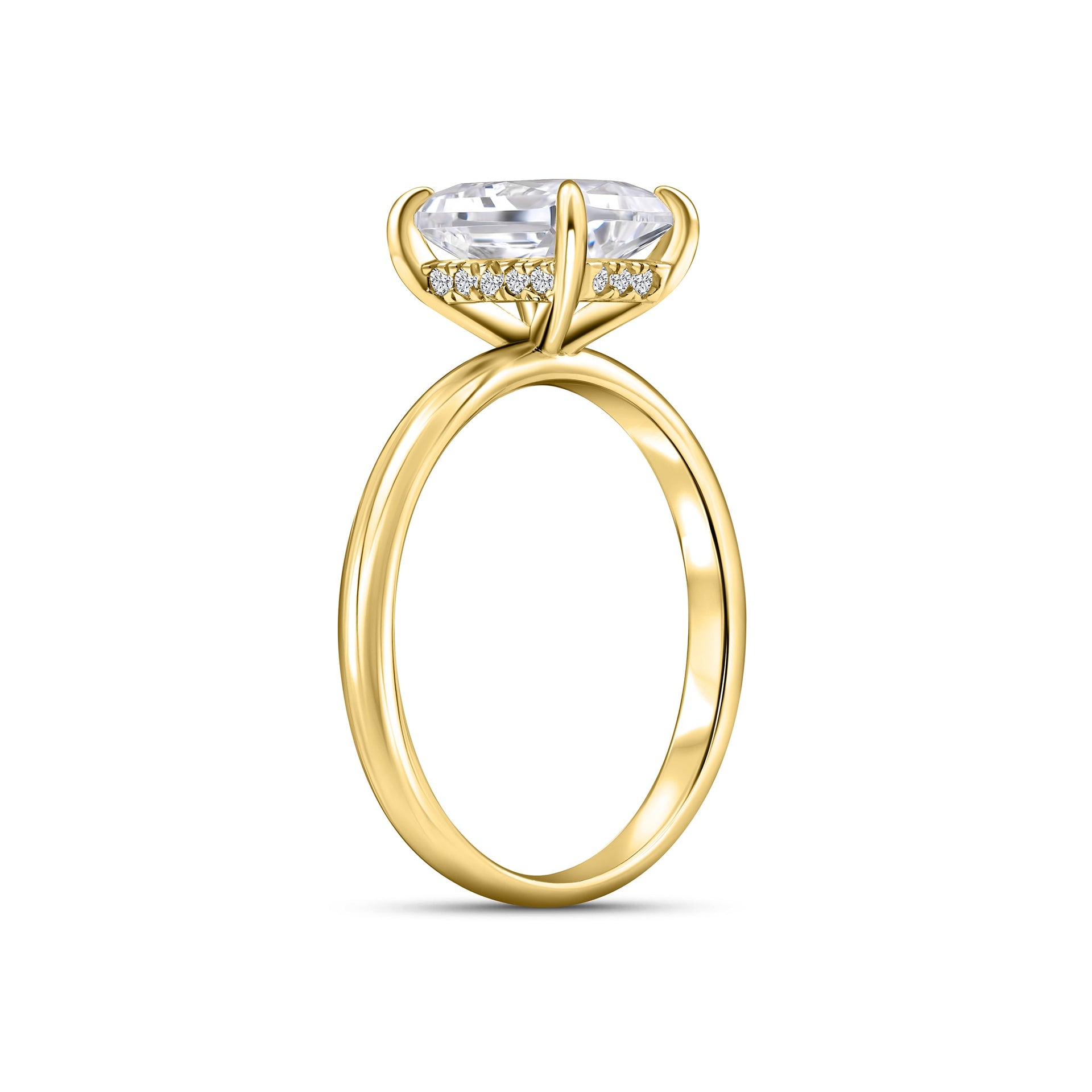 Gold 1.5 carat radiant cut solitaire engagement ring with hidden halo detail