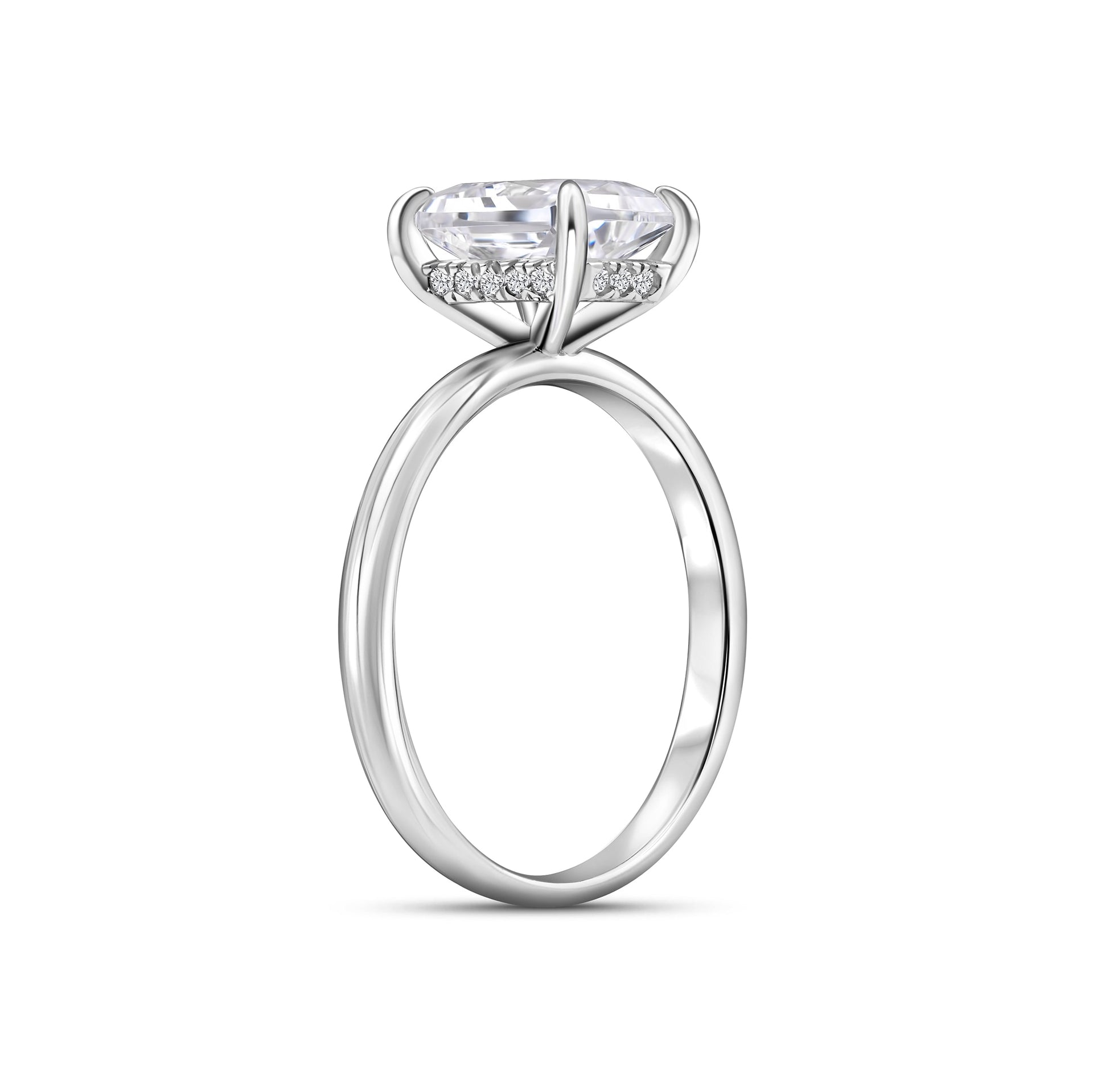 silver 1.5 carat radiant cut solitaire engagement ring with hidden halo detail