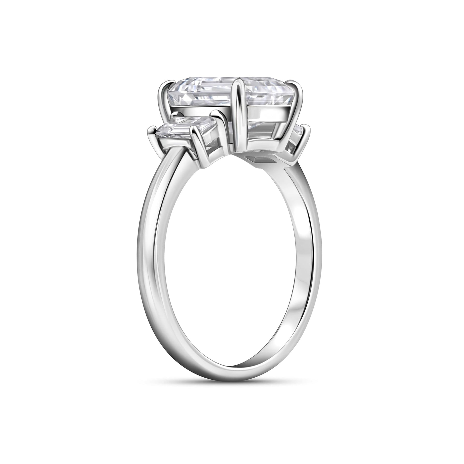 gorgeous and sleek silver emerald cut trio engagement ring 