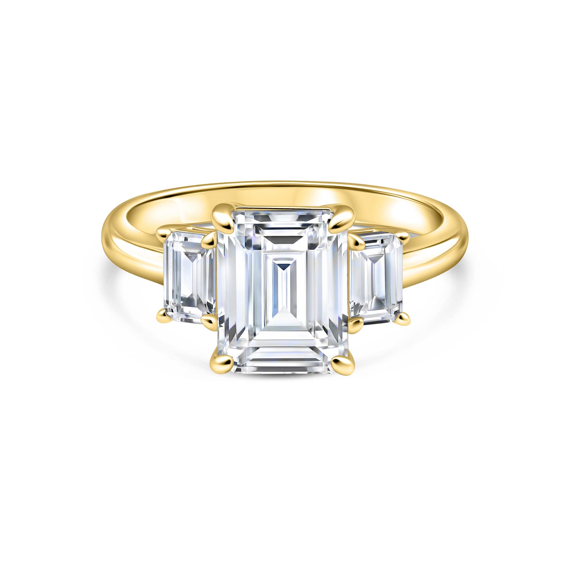 gold 1.5 carat emerald cut engagement ring that features two dainty, yet stunning .5 carat emerald cut stones to its sides