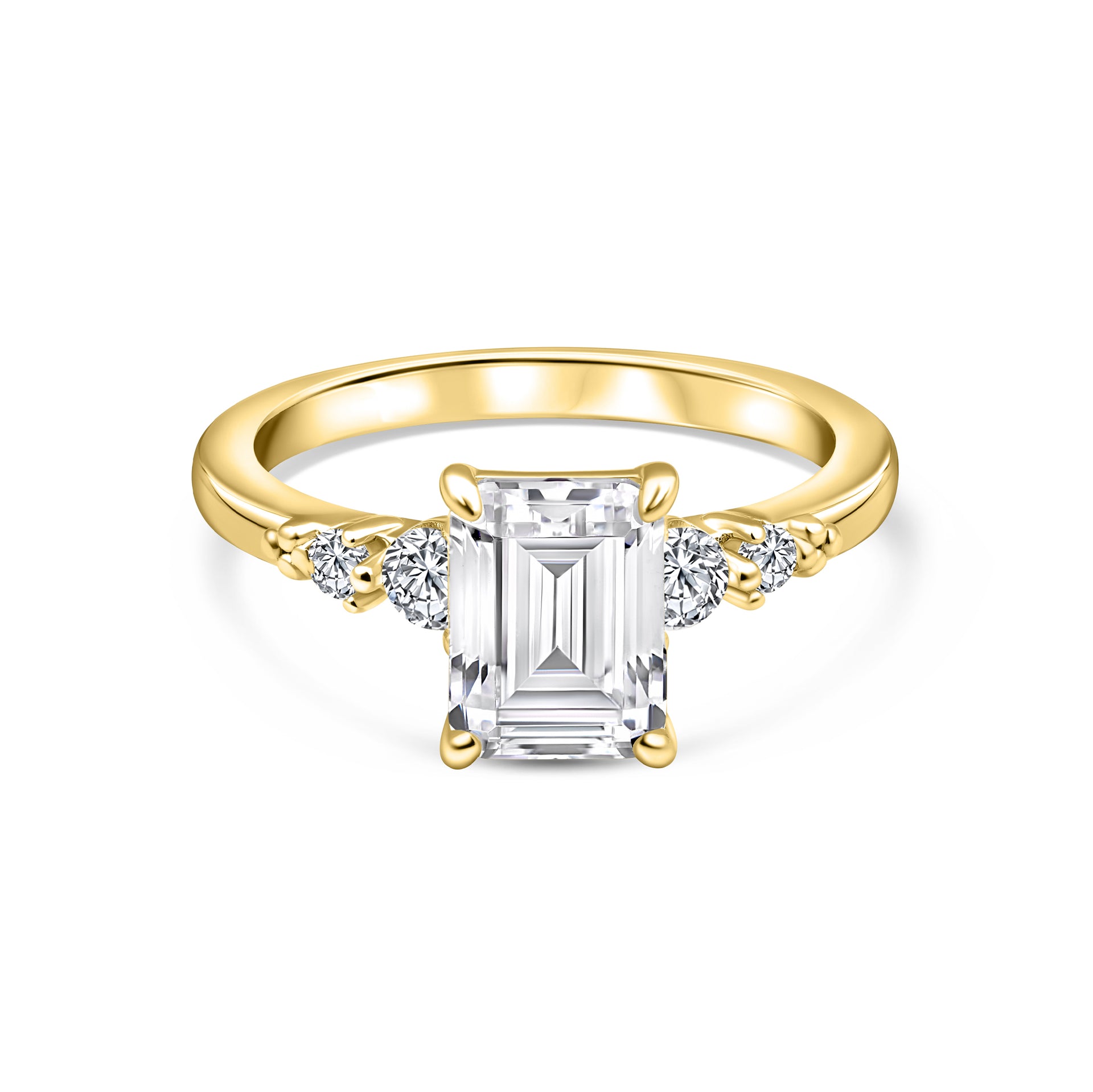 Gold 1.5 carat emerald cut engagement ring with round accent stones on both sides