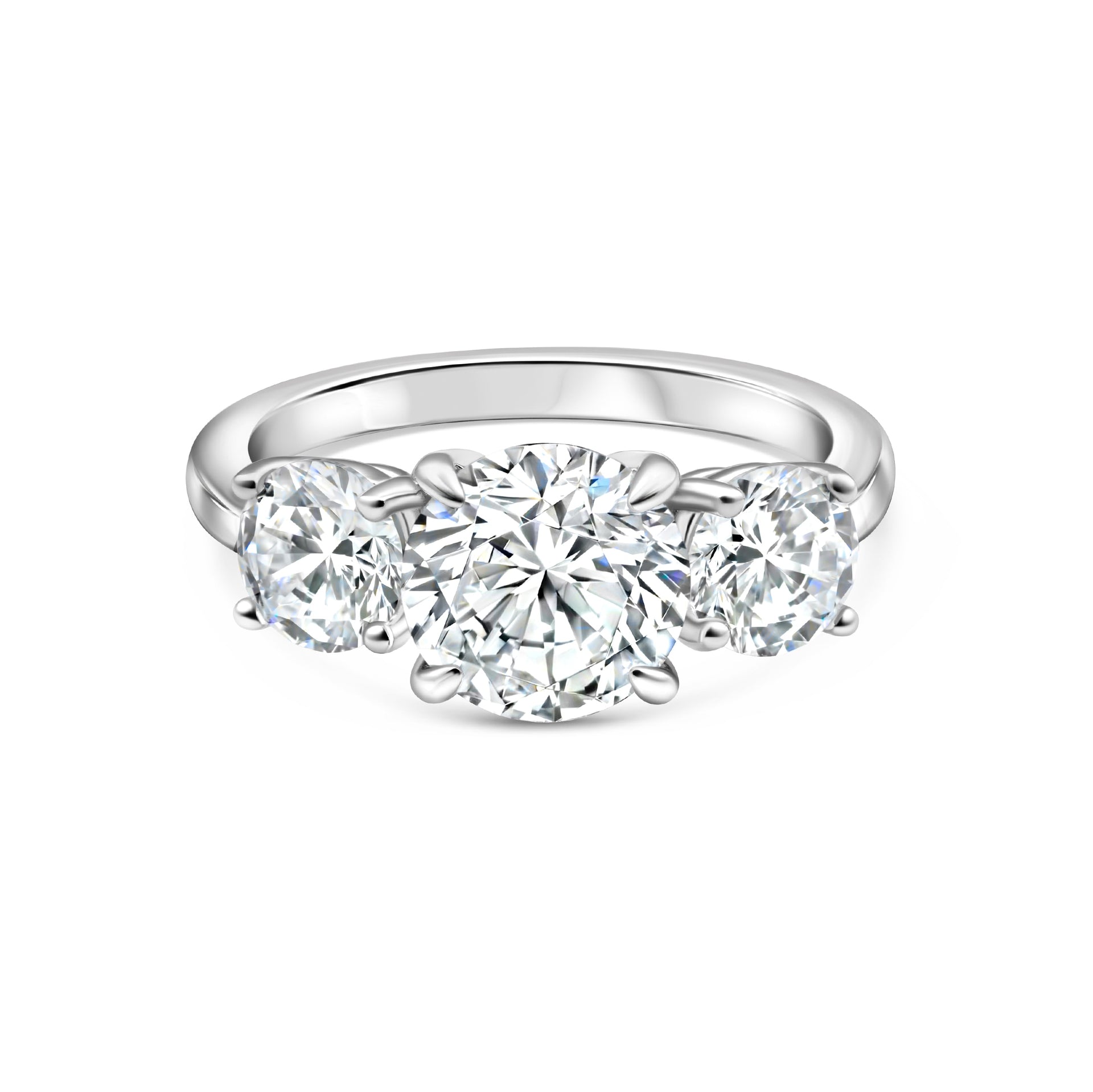 trinity silver round cut engagement ring shown on white