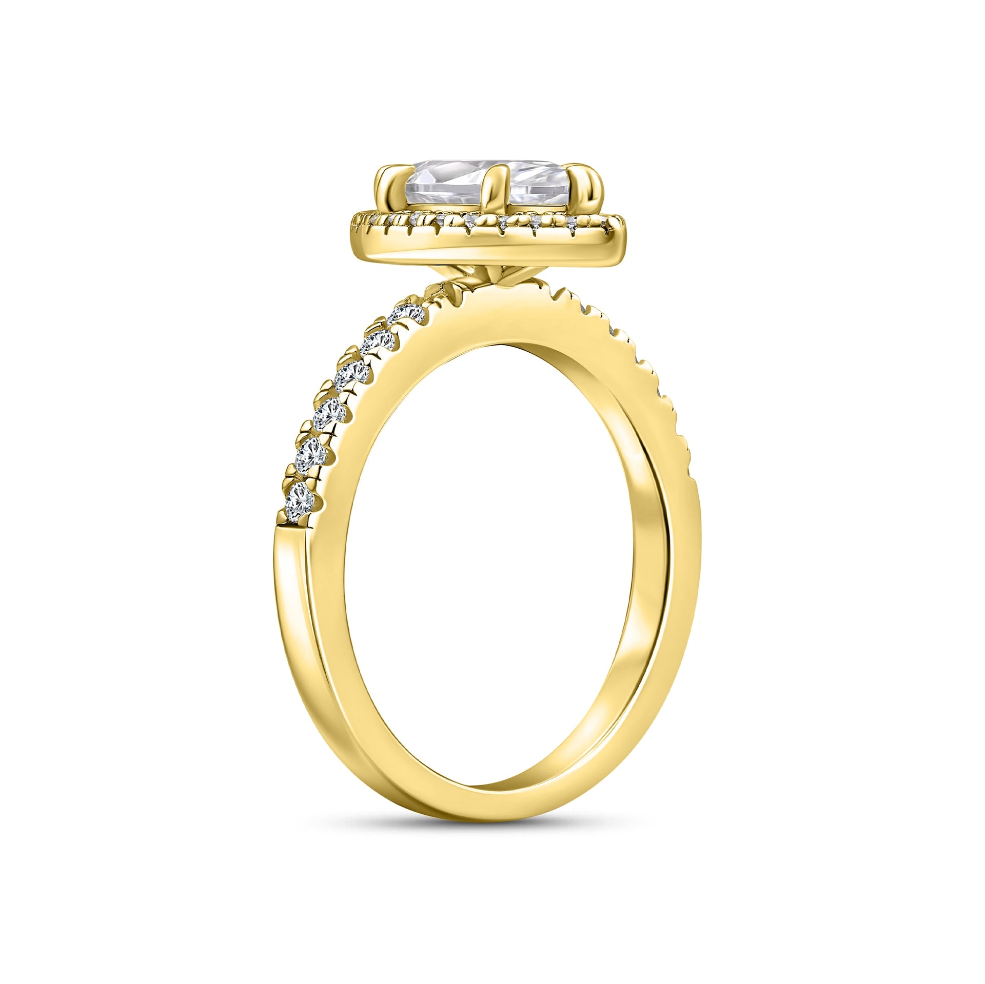 gold 1 carat marquise cut engagement ring with halo and half eternity band detail