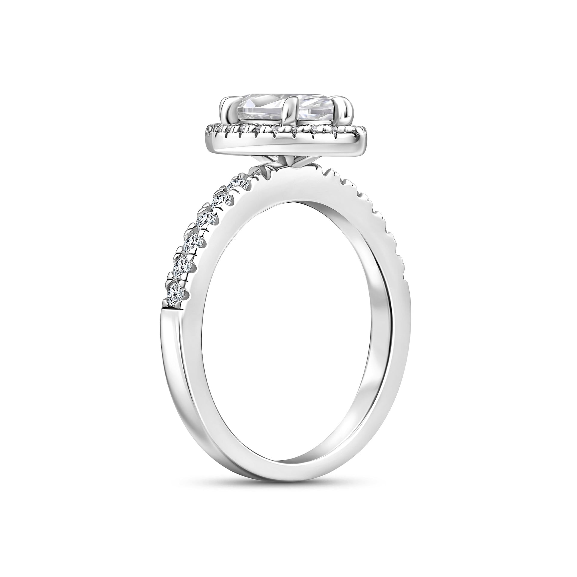 Silver 1 carat marquise cut engagement ring with halo and half eternity band detail