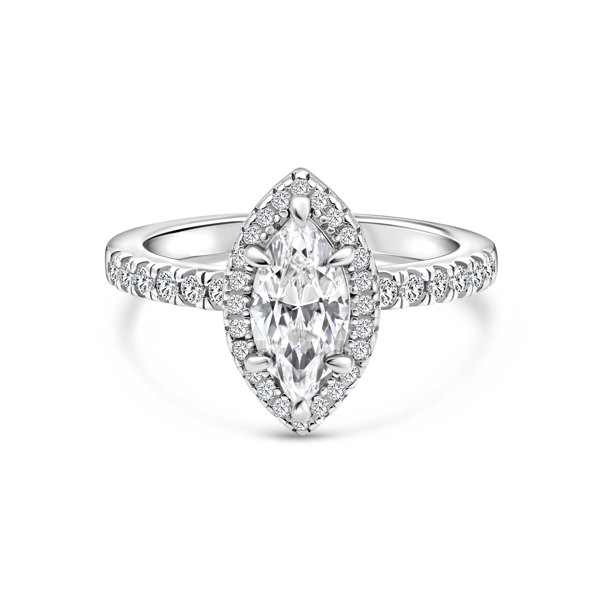 classic silver 1 carat marquise cut half eternity engagement ring with stunning halo detail