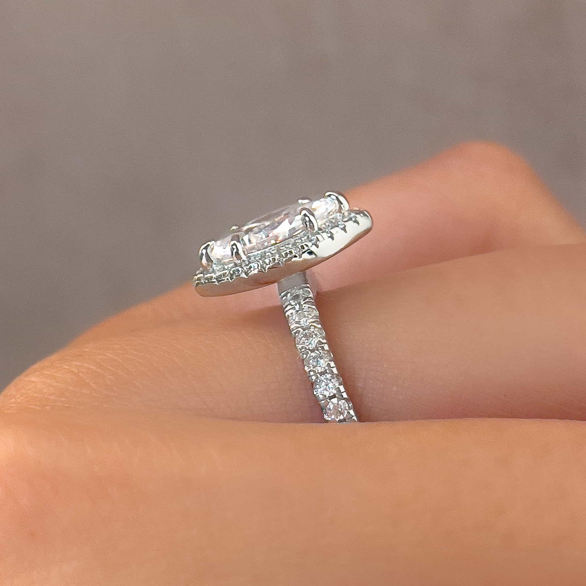 side profile shot of 1 carat silver marquise cut engagement ring