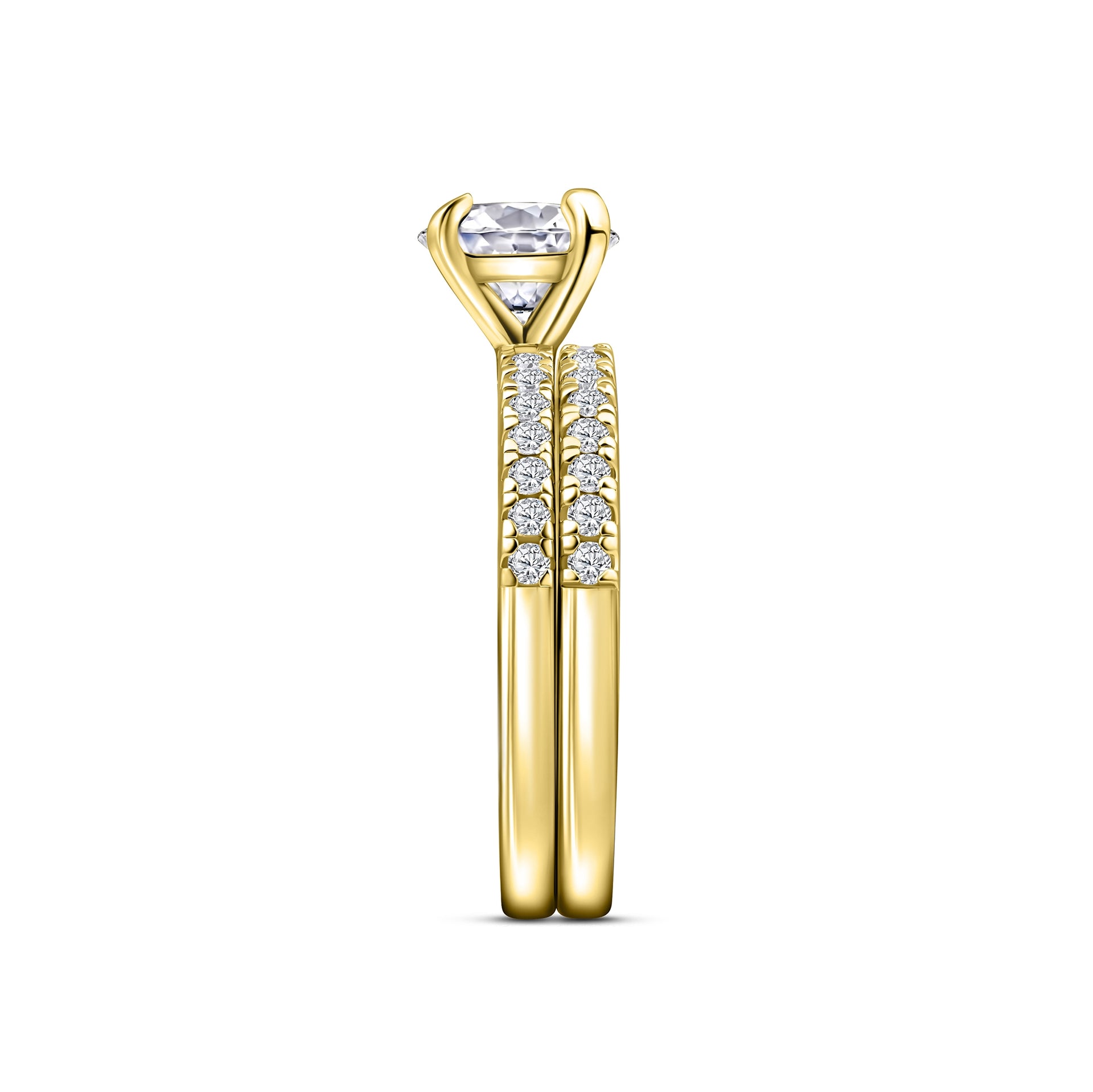 side view of gold 1.75 round cut half eternity wedding ring set