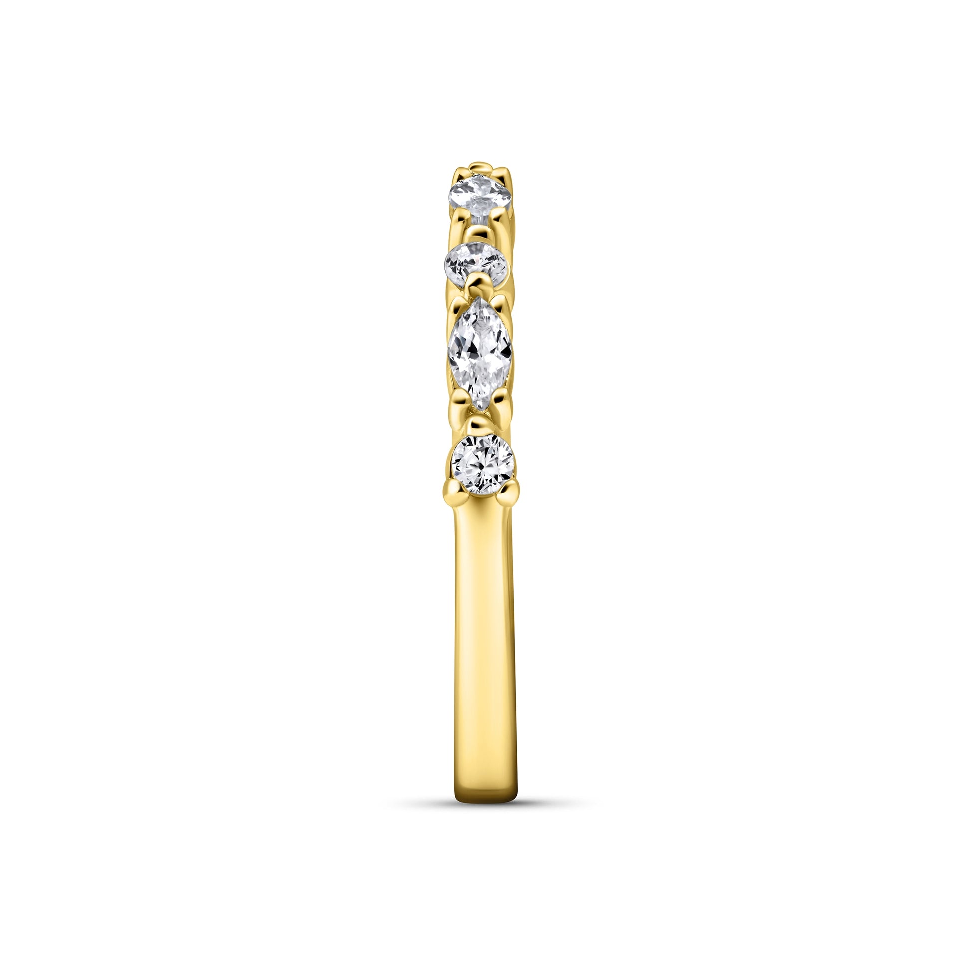side profile of gold pave wedding band on white background