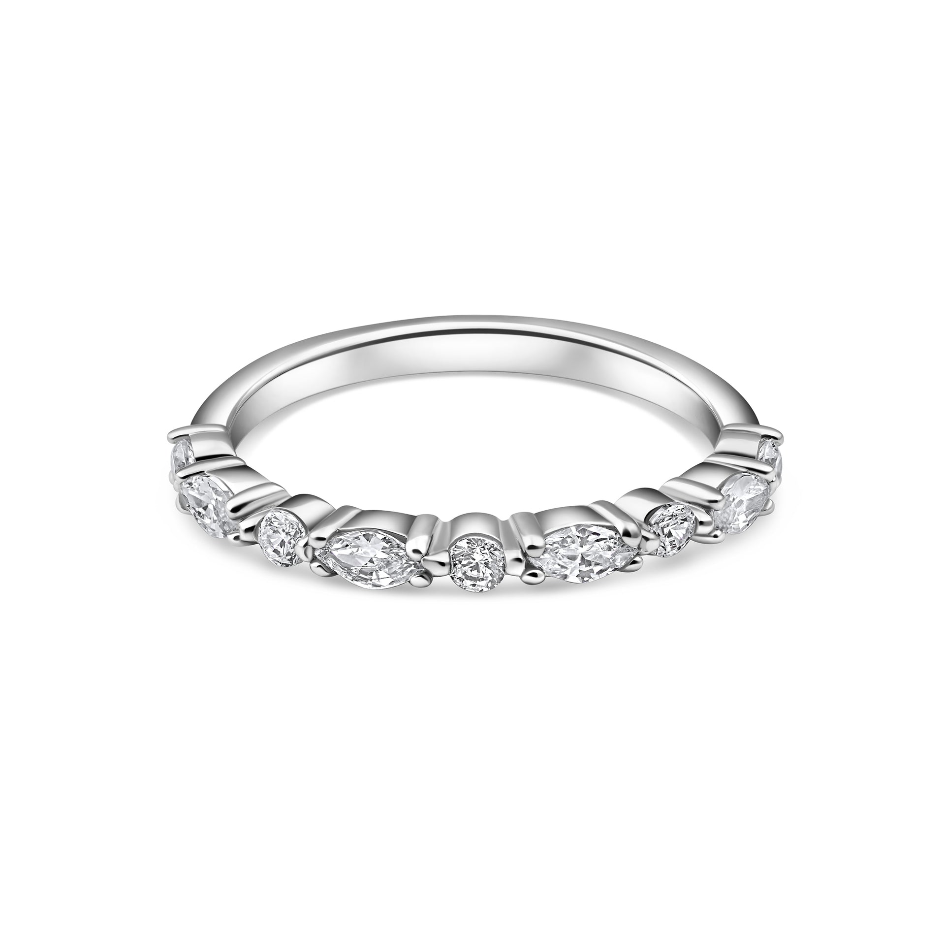 stunning silver mixed cut wedding band on white background